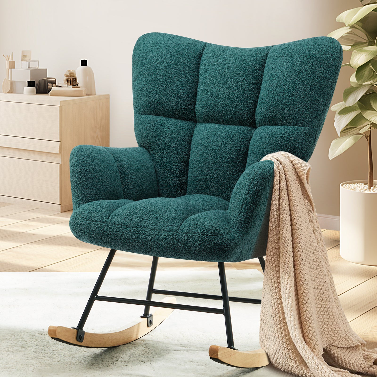 Teddy Upholstered Glider Rocker with High Backrest, Reading Chair Modern Rocking Accent Chairs Glider Recliner for Living Room, Nursery, Bedroom