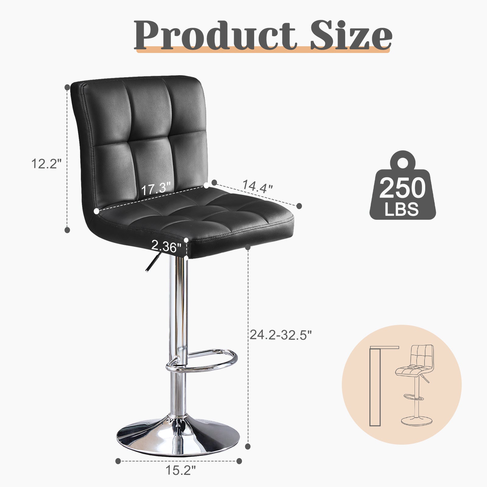 Bar Stools Set of 2, Counter Height Barstools,Square Seat Cushion Barstool with Back, Height Adjustable PU Leather Swivel Barstool