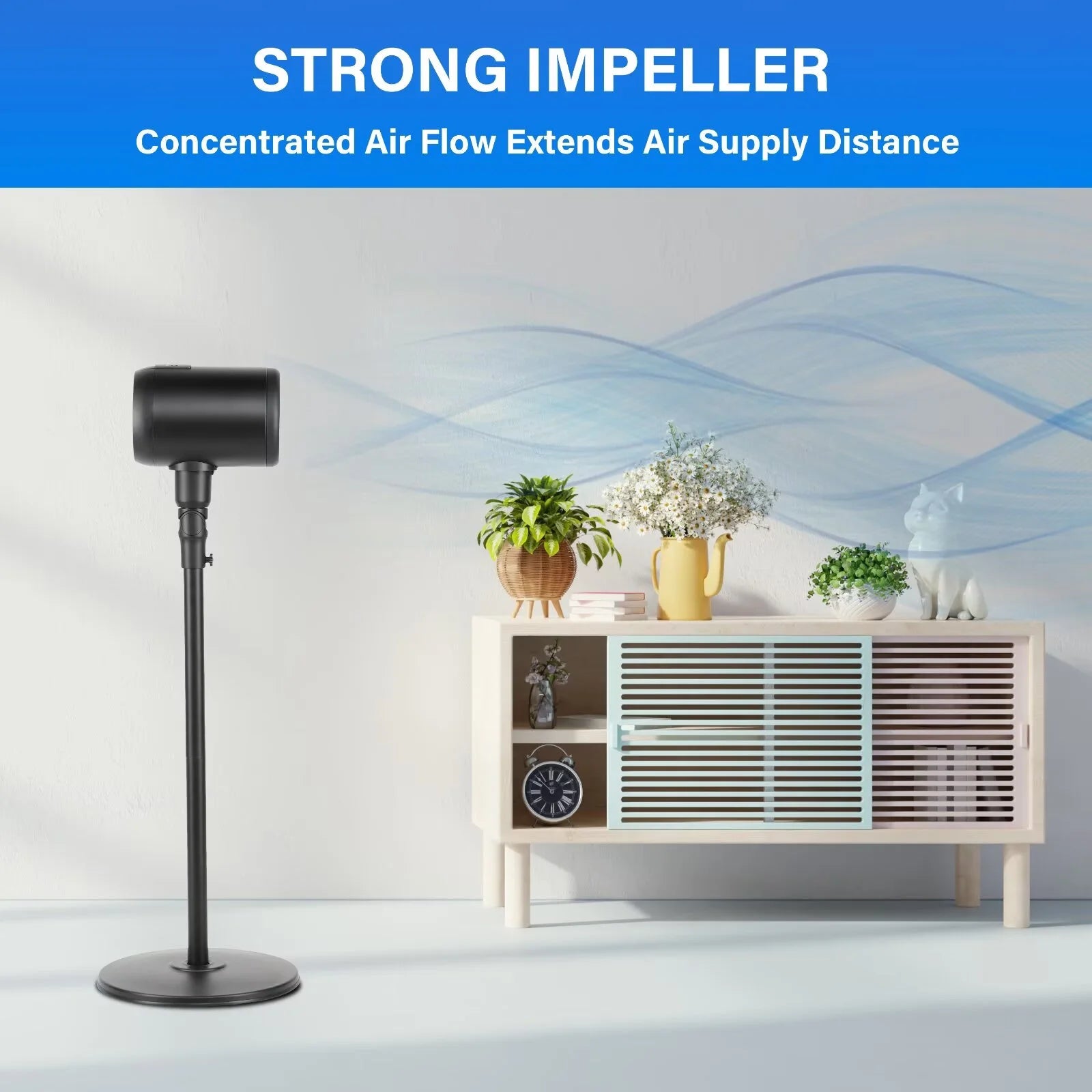 Metal Drum Jet Fan 7 Inch, Indoor and Outdoor Pedestal Fan, 6-speed Rotatable Fan, with Remote Control, Suitable for Bedroom, Living Room and Office, Black