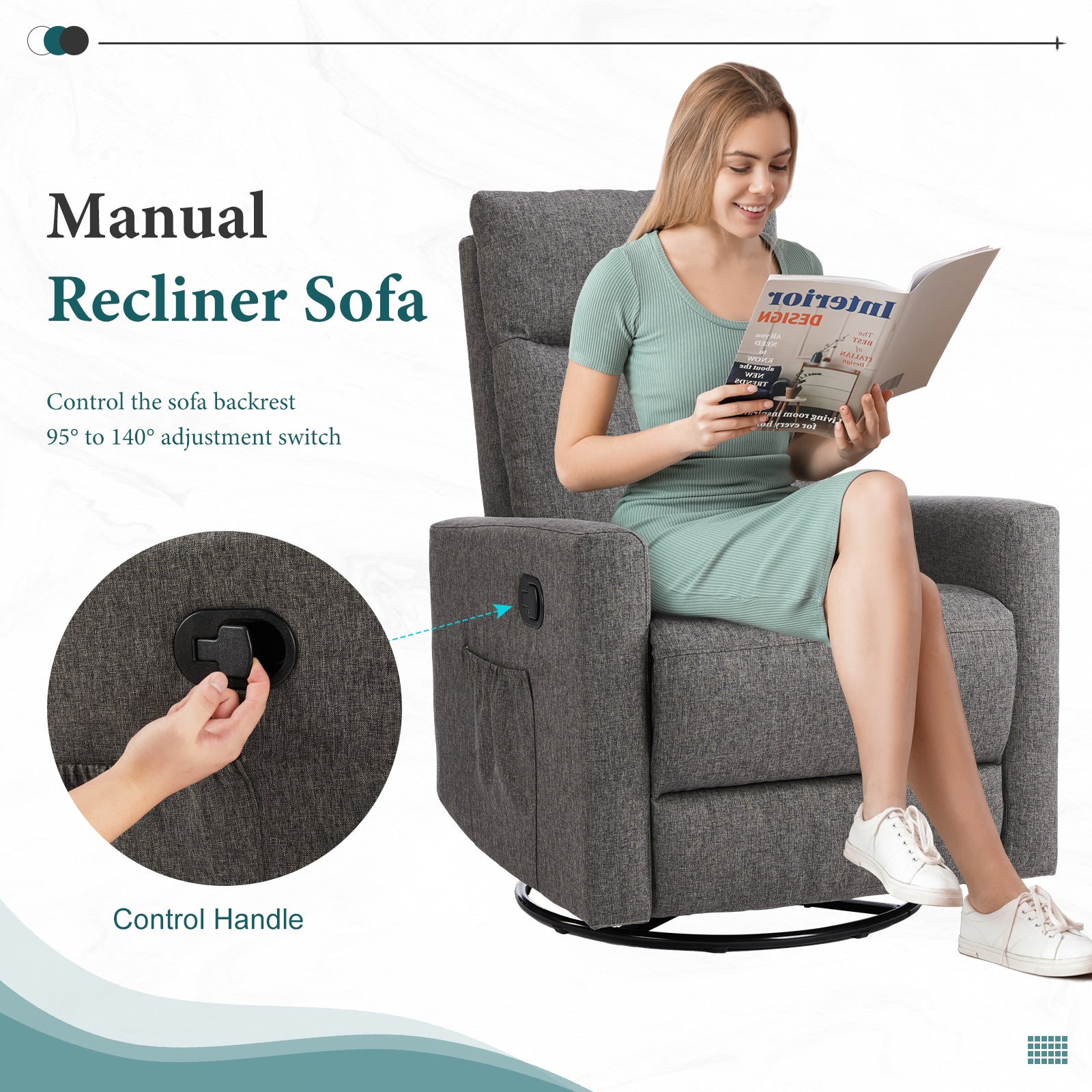 Swivel Recliner Chair, Glider Nursery Chair for Living Room with Extra Large Footrest, High Back, Upholstered Deep Seat