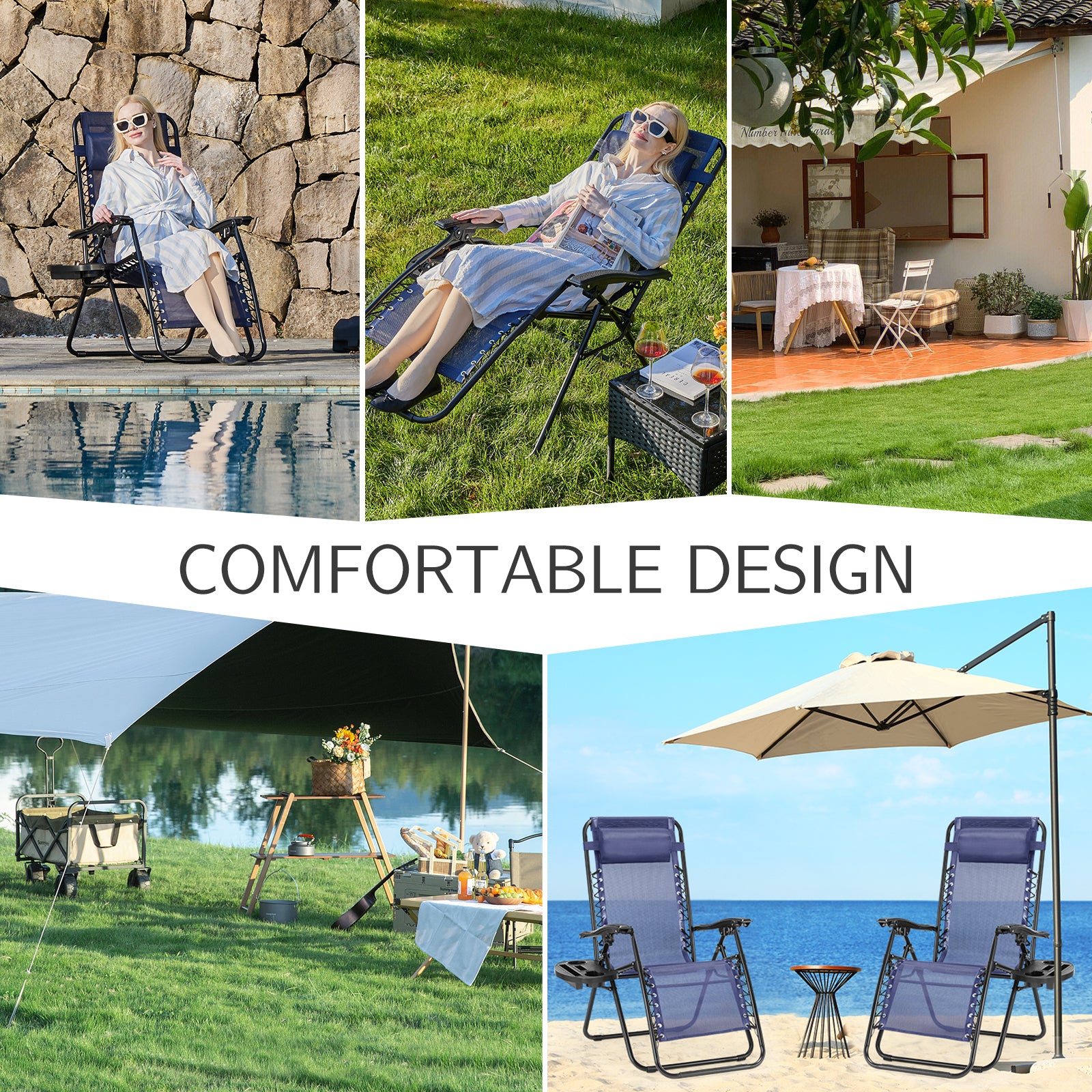 Set of 2 Zero Cravity Lounge Chairs,Outdoor Patio Folding Recliners for Pool Beach with Pillow and Cup Holder