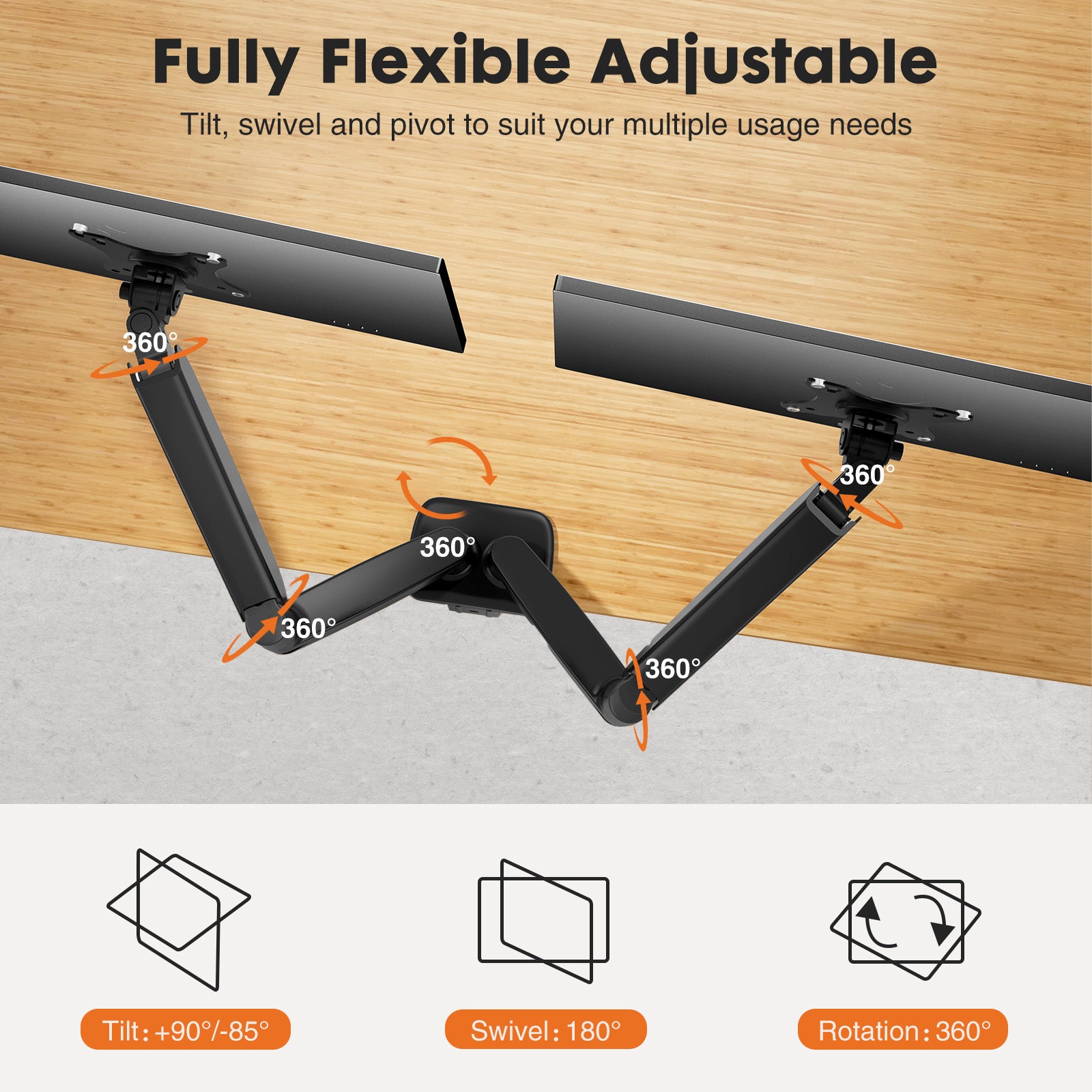 Dual Monitor Stand Arm, Gas Spring 2 Monitor Desk Mount Adjustable Height Swivel VESA Bracket with Clamp and Grommet Base Fits 13-32 inch