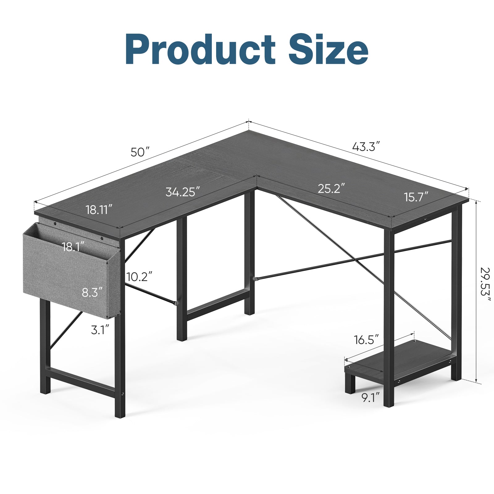 L Shaped Computer Desk - Gaming Corner 50 Inch Office Writing PC Wooden Table with CPU Storage Shelf & Side Bag