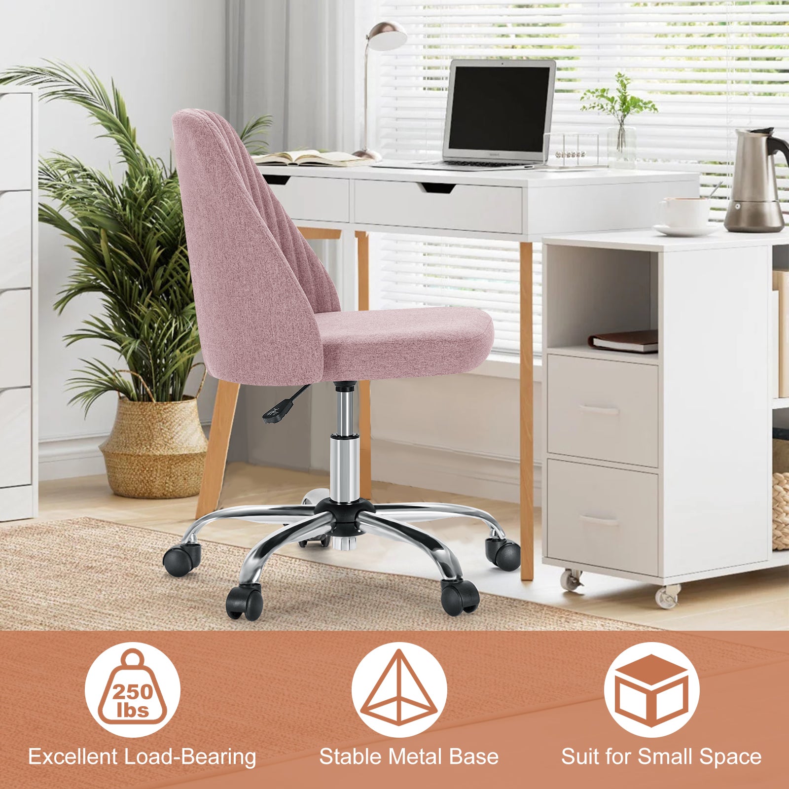 Modern Fabric Armless Adjustable Swivel Office Desk Chairs with Wheels