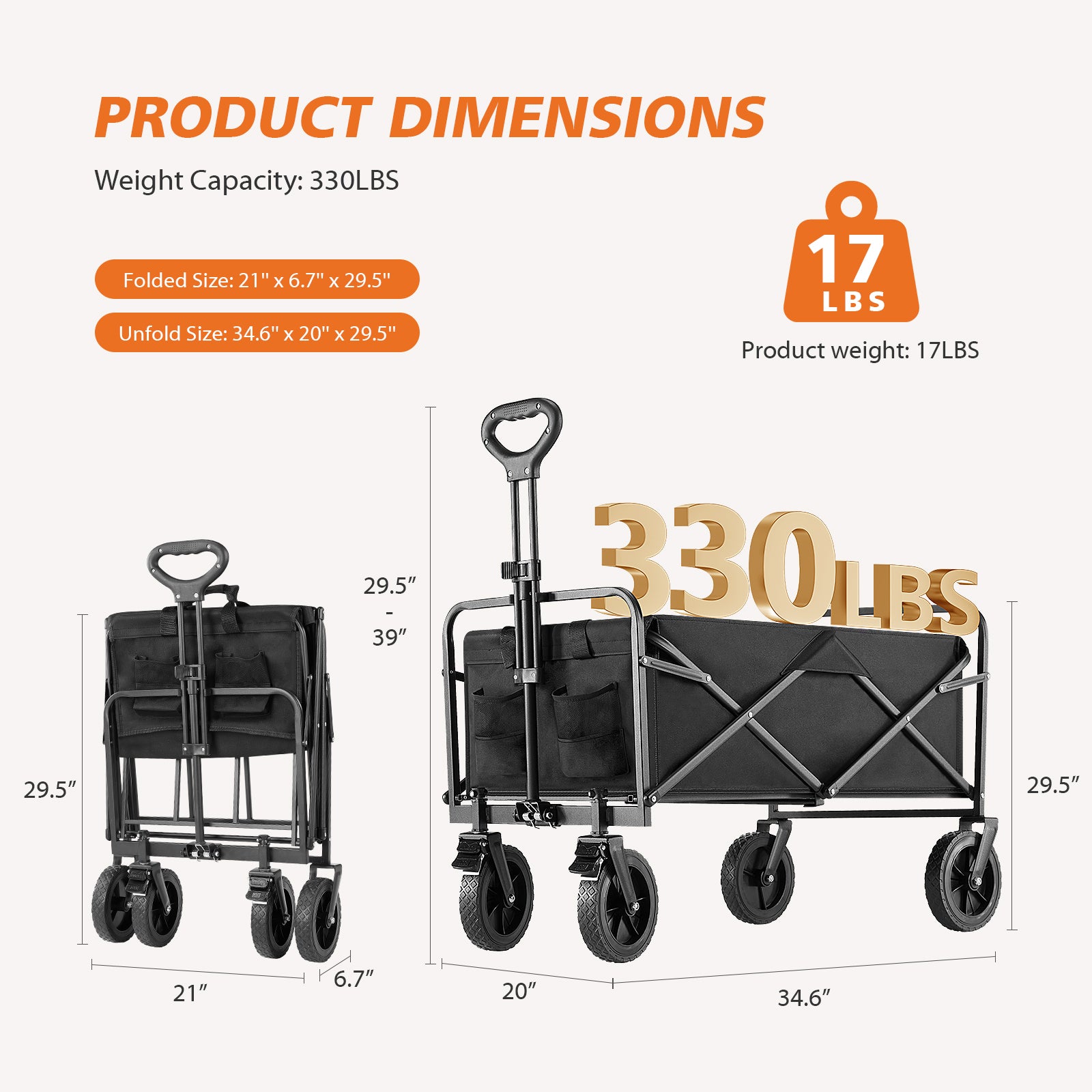 Collapsible Folding Wagon Cart, Camping & Shopping, Heavy Duty Utility Wagon with All-Terrain Wheels