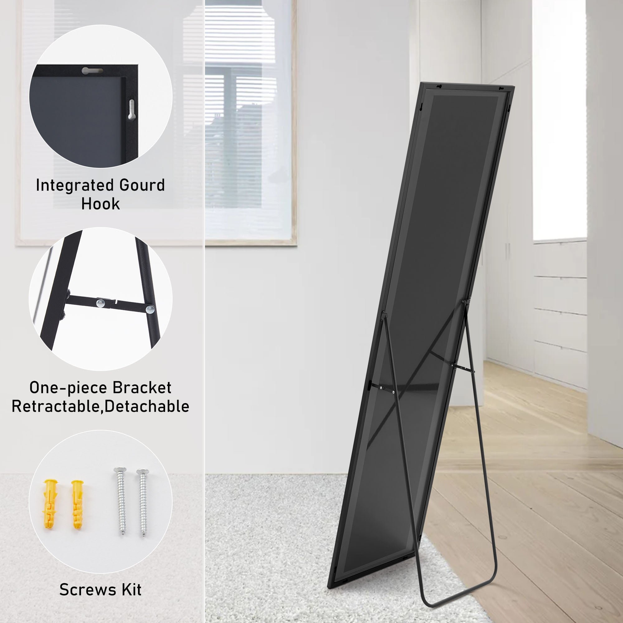 Floor Standing Mirror, Wall Mirror with Stand Aluminum Alloy Thin Frame