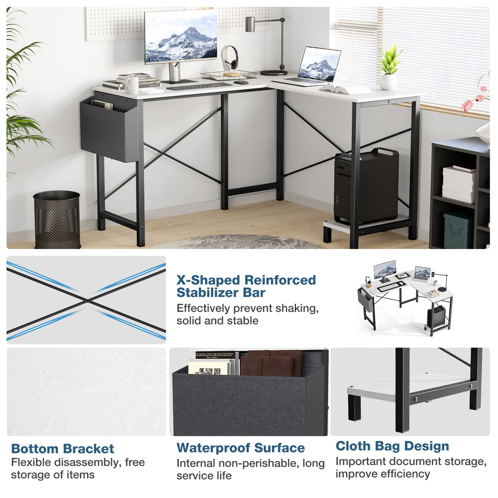 L Shaped Computer Desk - Gaming Corner 50 Inch Office Writing PC Wooden Table with CPU Storage Shelf & Side Bag