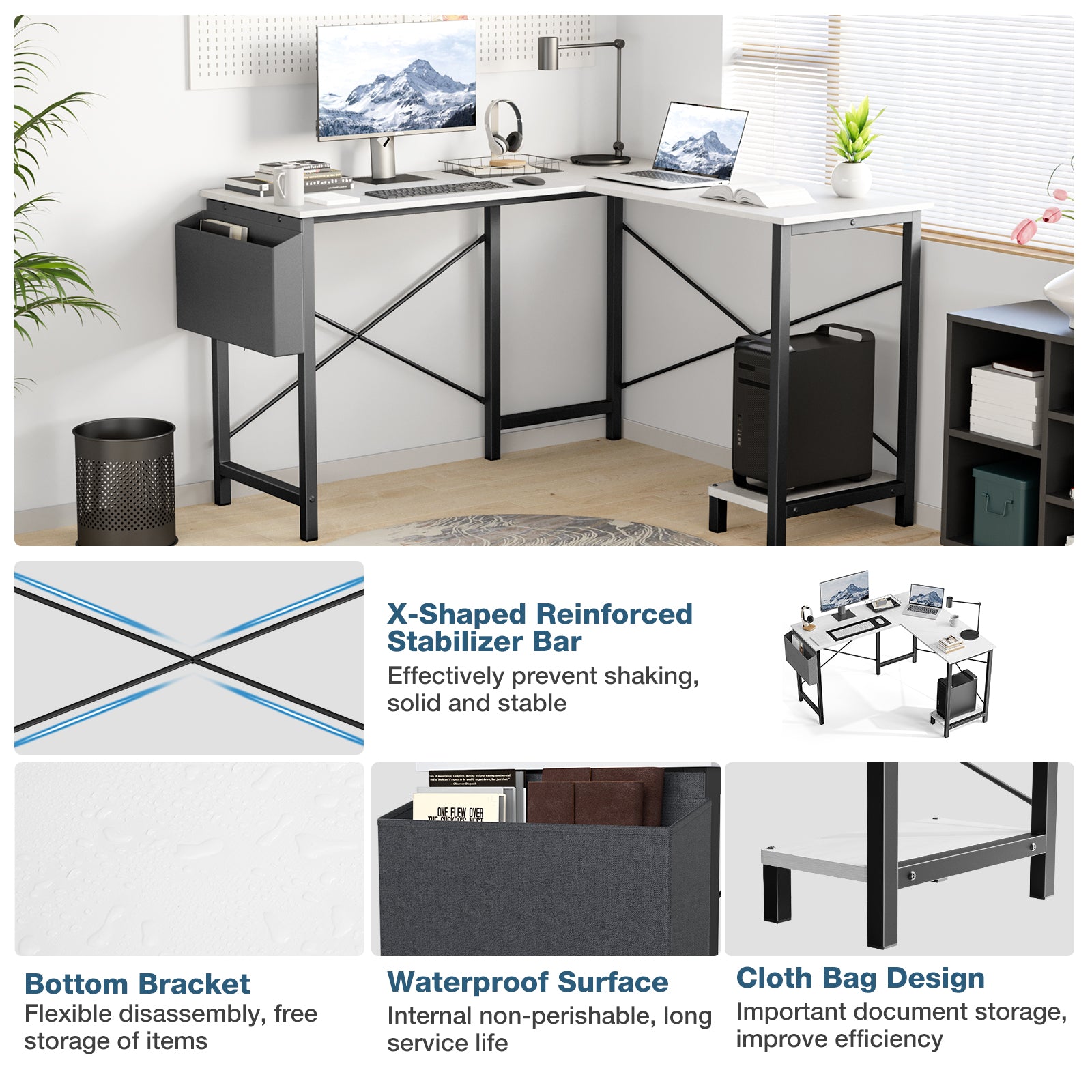 L Shaped Computer Desk - Gaming Corner 50 Inch Office Writing PC Wooden Table with CPU Storage Shelf & Side Bag