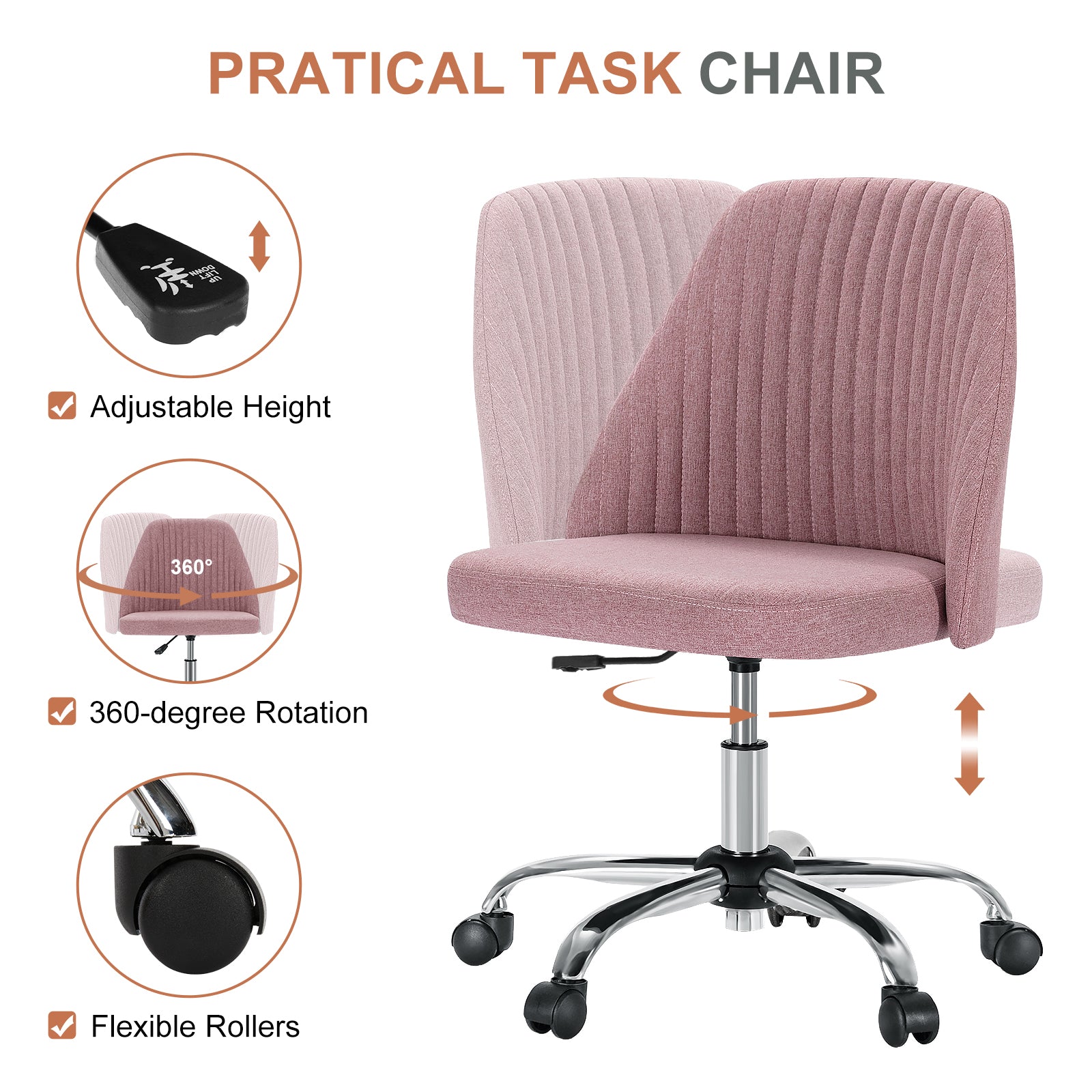 Modern Fabric Armless Adjustable Swivel Office Desk Chairs with Wheels