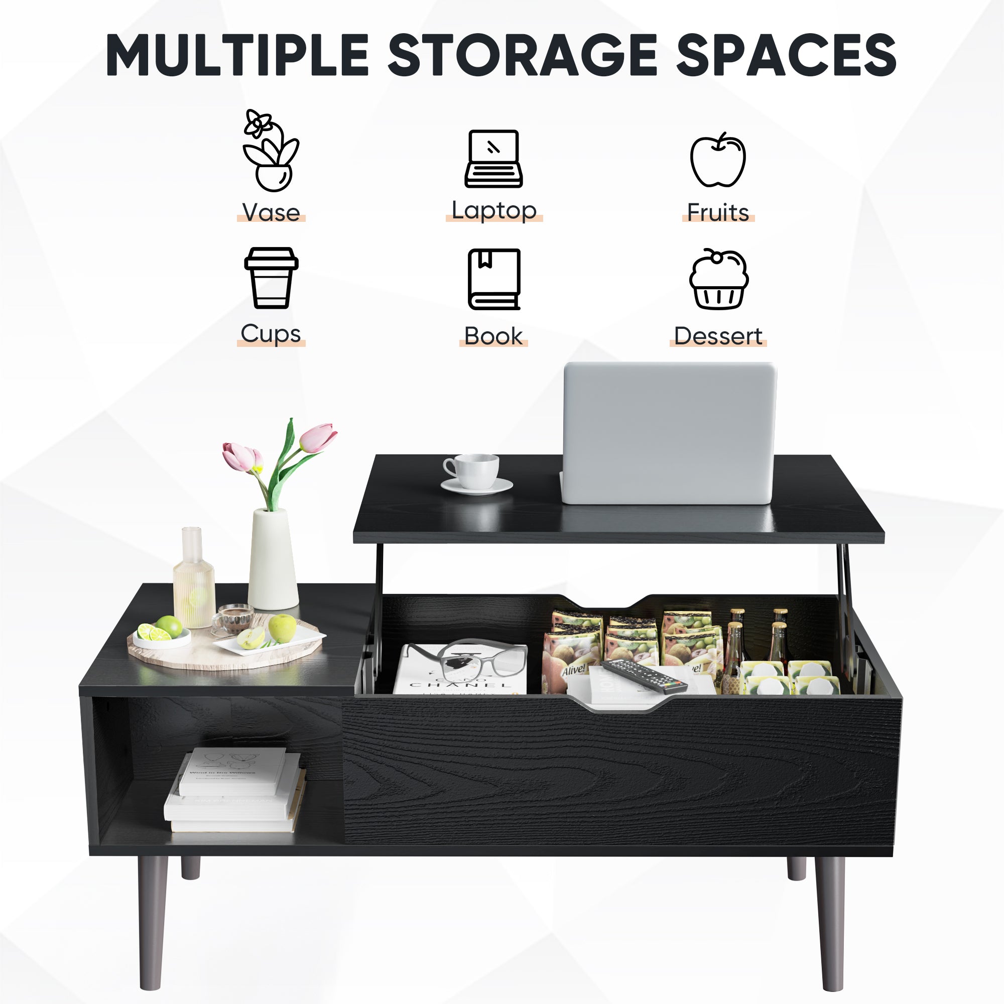 Lift Tabletop Coffee Tables for Living Room with Storage Shelf and Hidden Compartment
