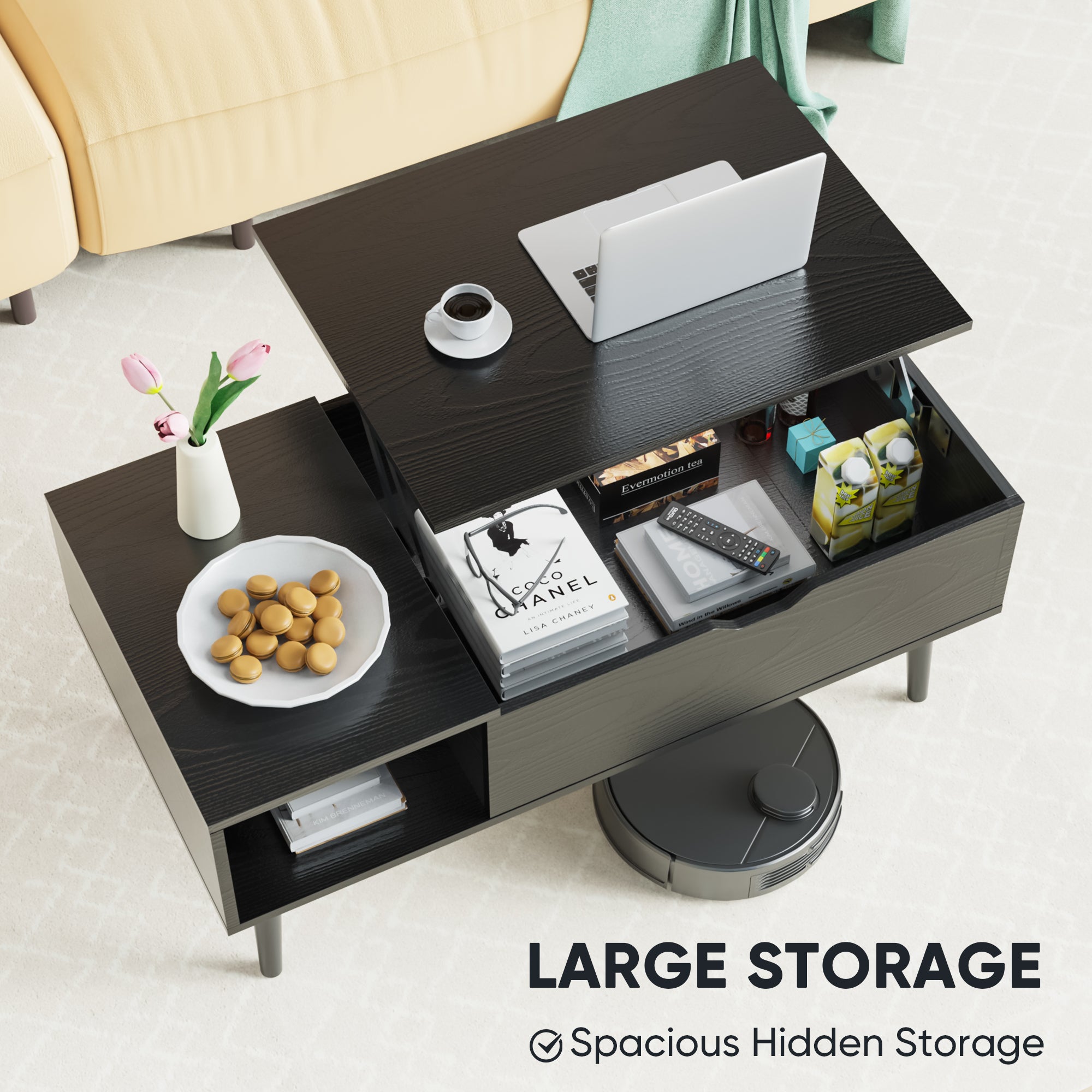 Lift Tabletop Coffee Tables for Living Room with Storage Shelf and Hidden Compartment