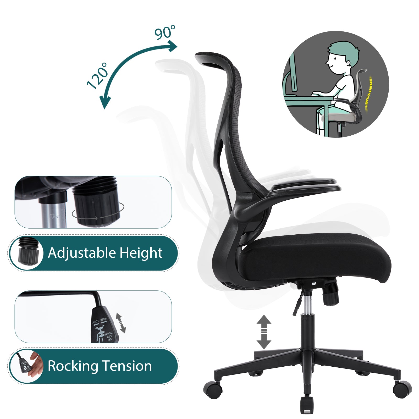 Ergonomic Computer Mesh Chair with Flip-up Armrests,Lumbar Support, Backrest for Home Office
