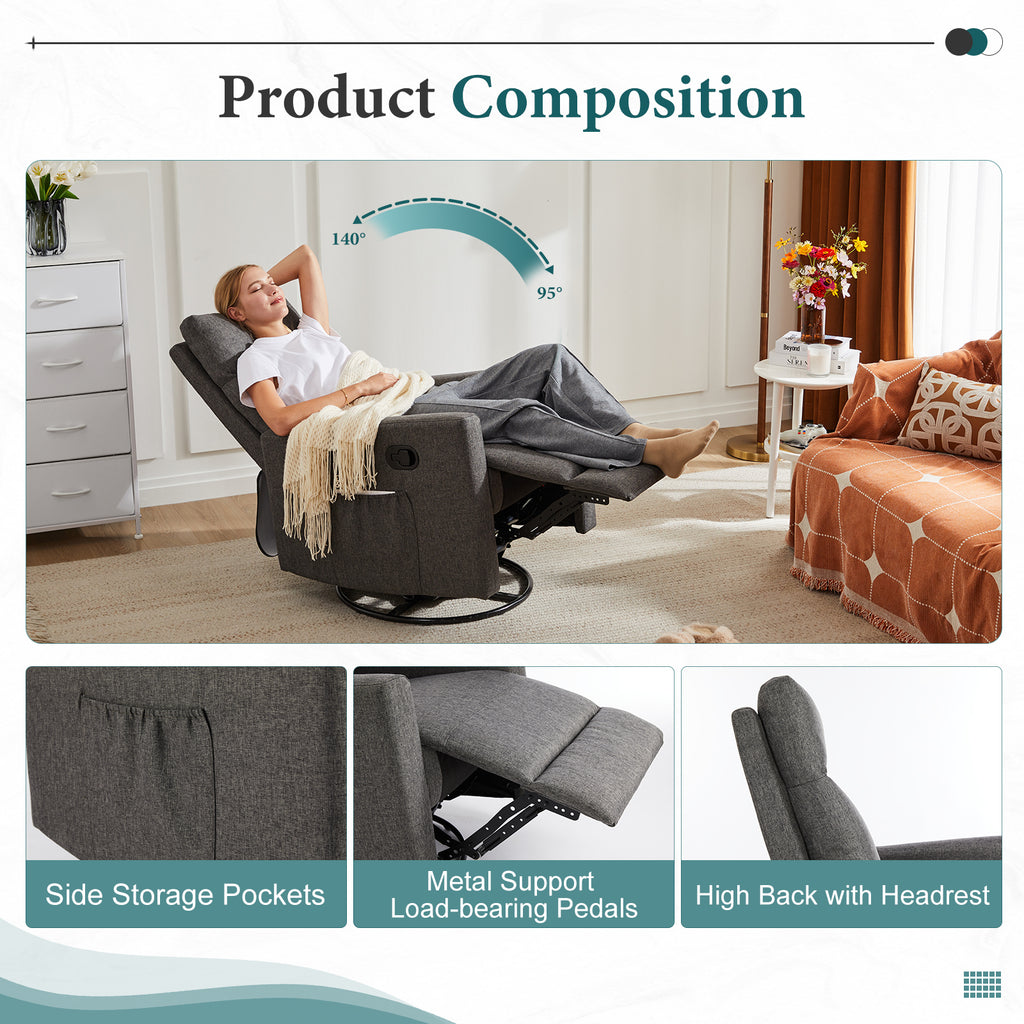 Swivel Recliner Chair, Glider Nursery Chair for Living Room with Extra Large Footrest, High Back, Upholstered Deep Seat