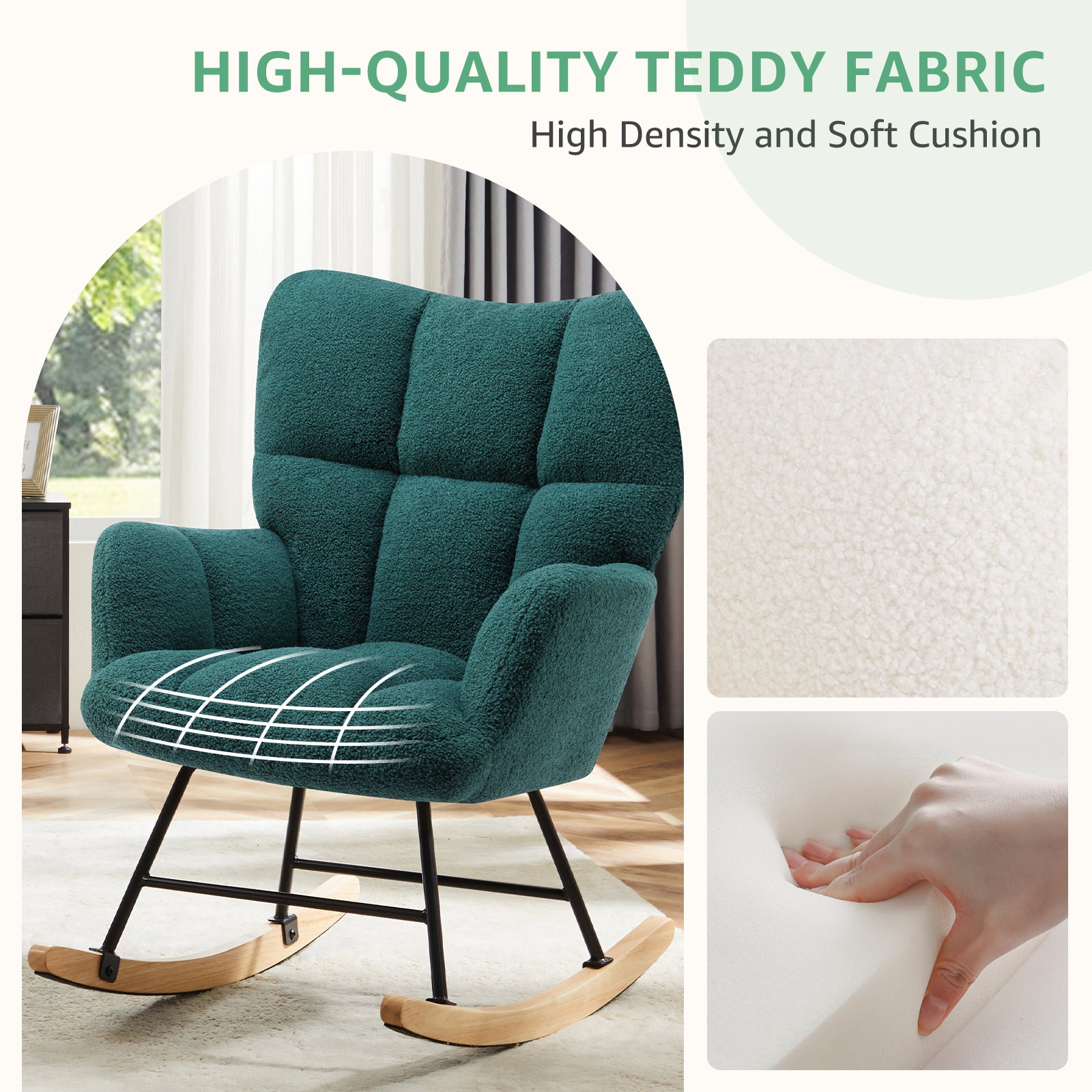 Teddy Upholstered Glider Rocker with High Backrest, Reading Chair Modern Rocking Accent Chairs Glider Recliner for Living Room, Nursery, Bedroom