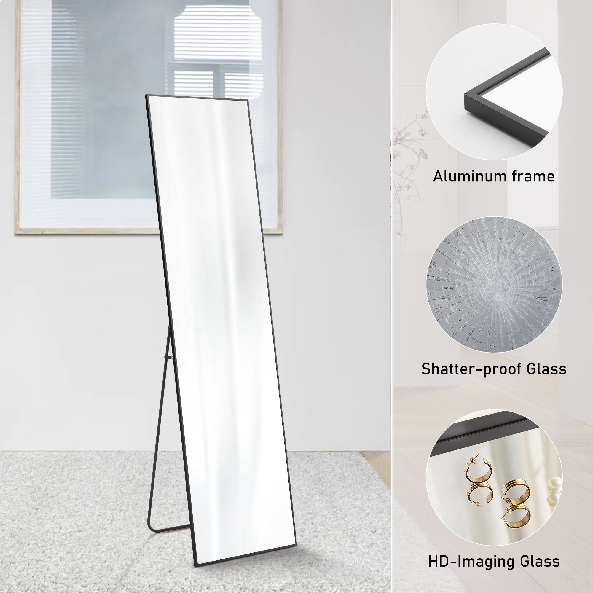 Floor Standing Mirror, Wall Mirror with Stand Aluminum Alloy Thin Frame