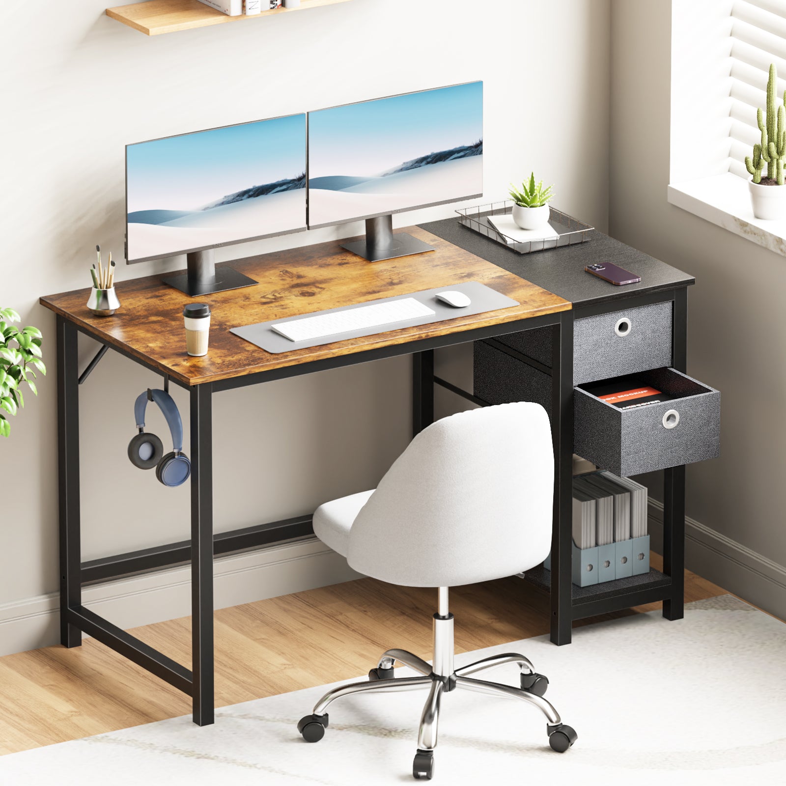 Computer Desk with Drawers 55 Inch Home Office Desk Writing Desk Work Desk PC Table Study Desk with 2-Tier Drawers Storage Shelf Side Hook