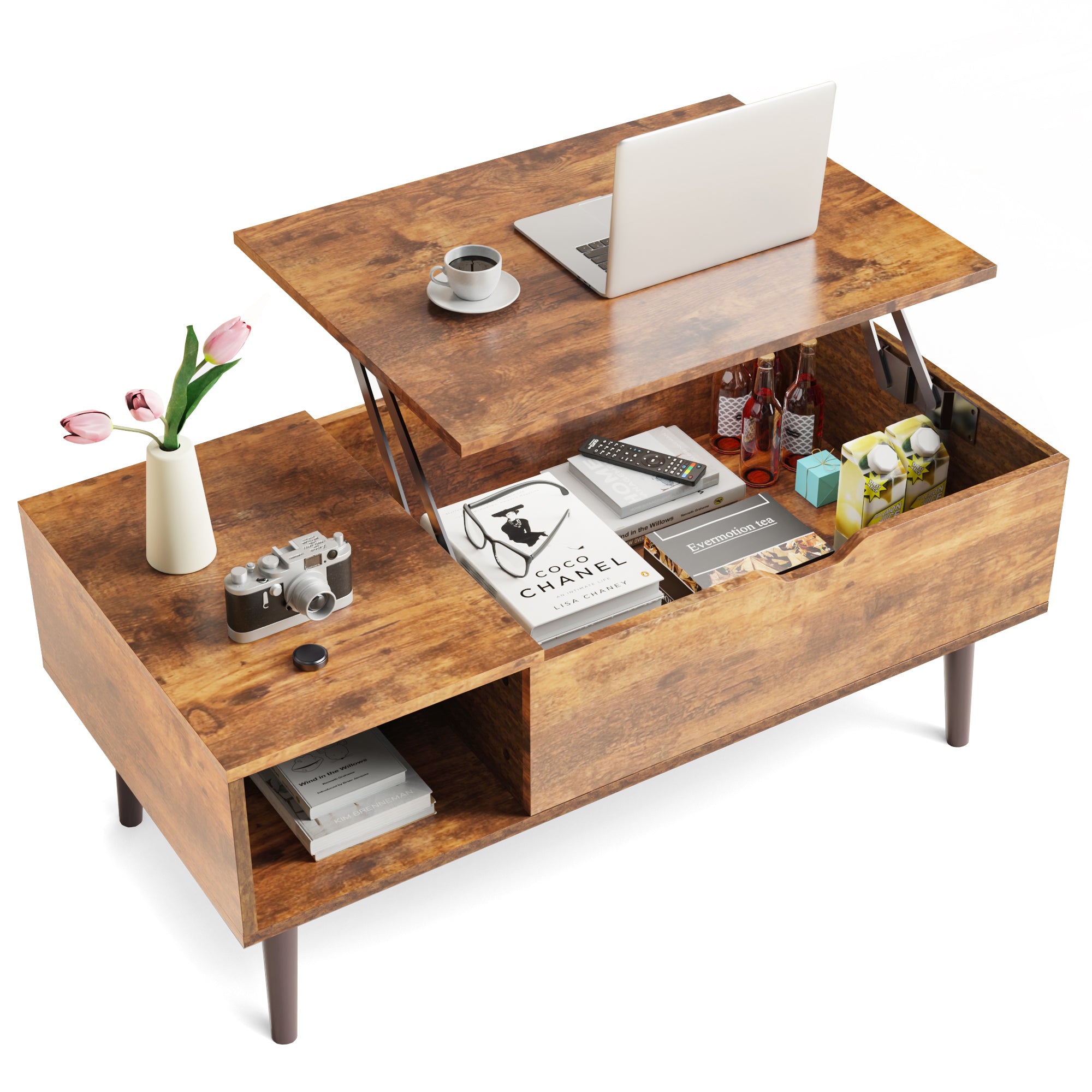 Lift Tabletop Coffee Tables for Living Room with Storage Shelf and Hidden Compartment