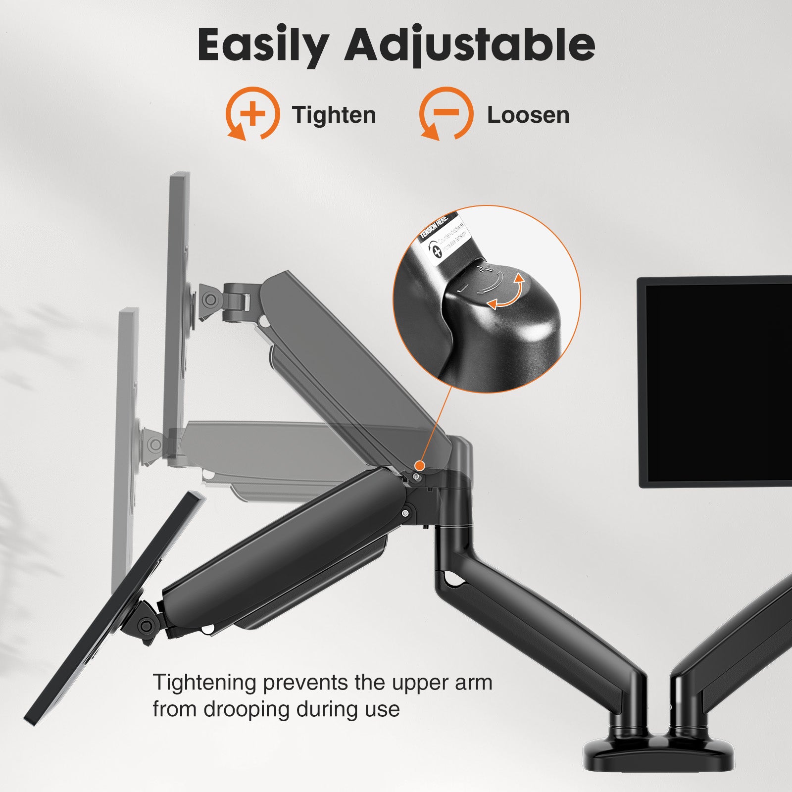 Dual Monitor Stand Arm, Gas Spring 2 Monitor Desk Mount Adjustable Height Swivel VESA Bracket with Clamp and Grommet Base Fits 13-32 inch
