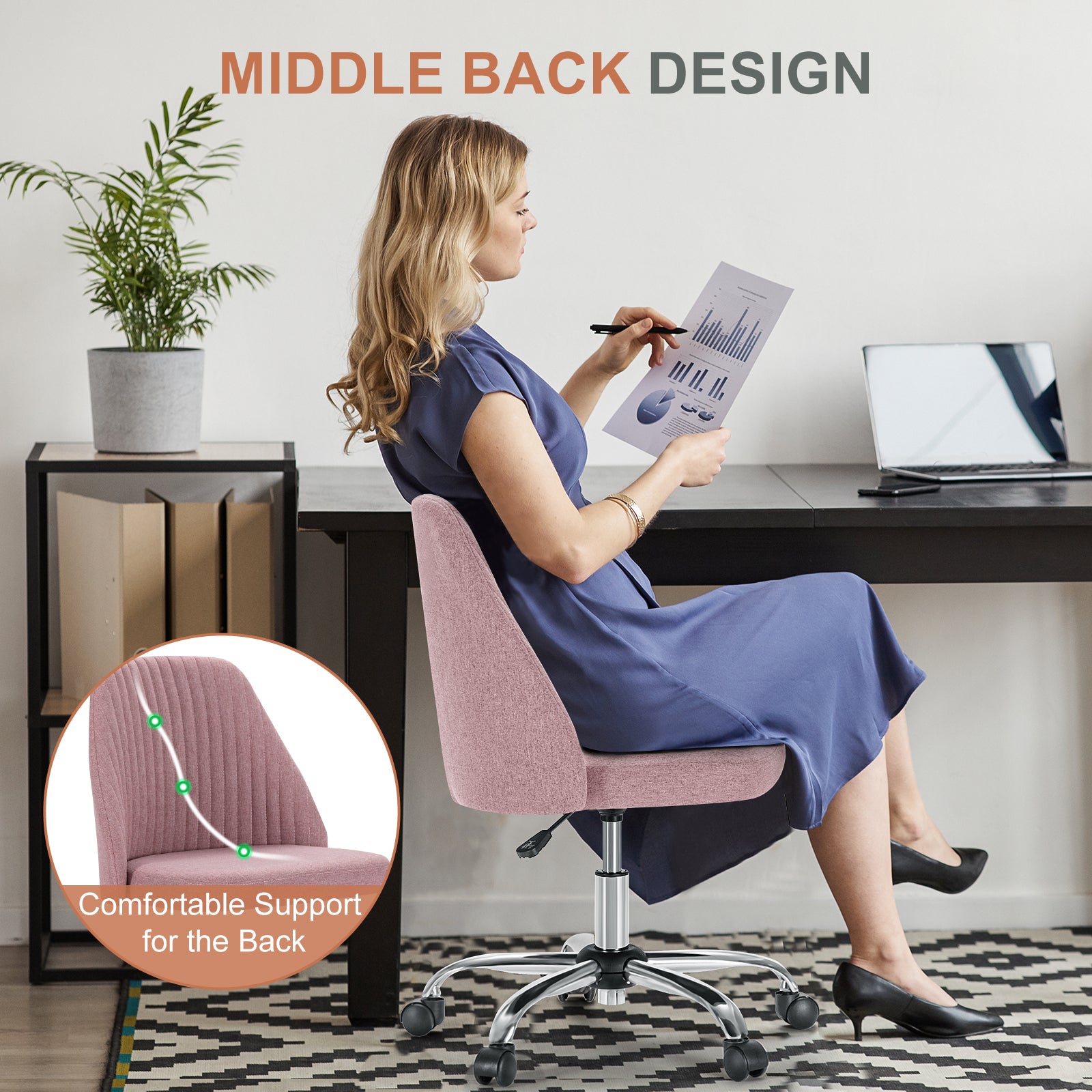 Modern Fabric Armless Adjustable Swivel Office Desk Chairs with Wheels