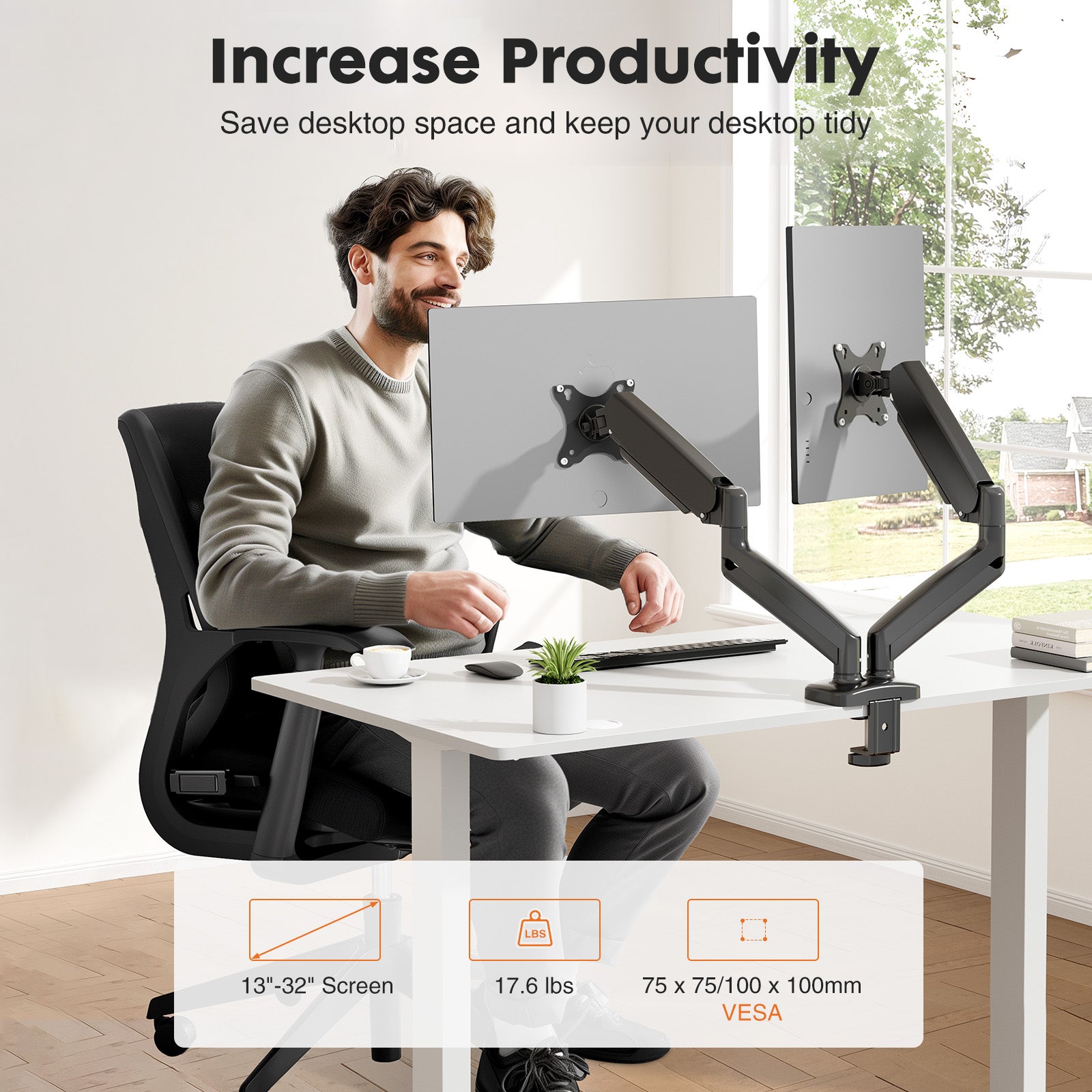 Dual Monitor Stand Arm, Gas Spring 2 Monitor Desk Mount Adjustable Height Swivel VESA Bracket with Clamp and Grommet Base Fits 13-32 inch
