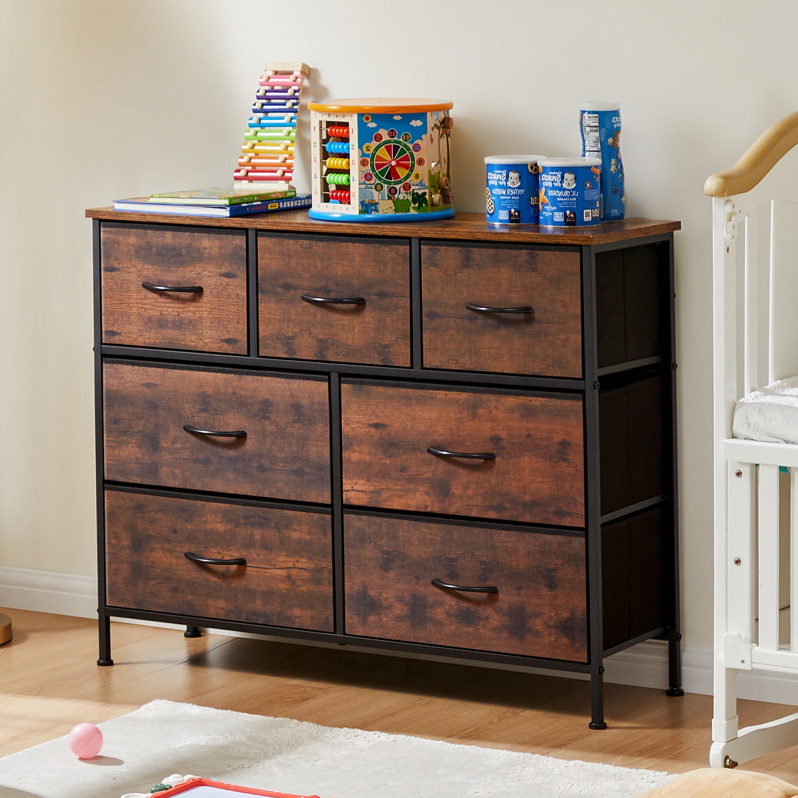Tall Dresser Fabric Storage Tower ,Wooden Top for Kid Room, Closet, Entryway, Nursery