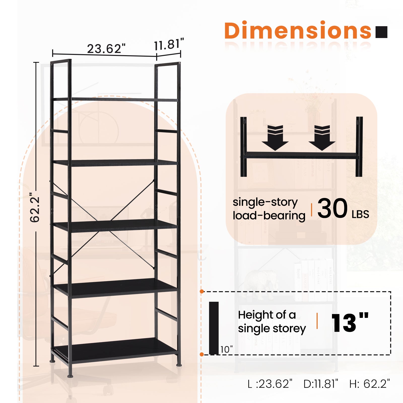 5 Tiers Bookshelf, Classically Modern Book Shelf, Book Rack, Storage Rack Shelves in Living Room/Home/Office