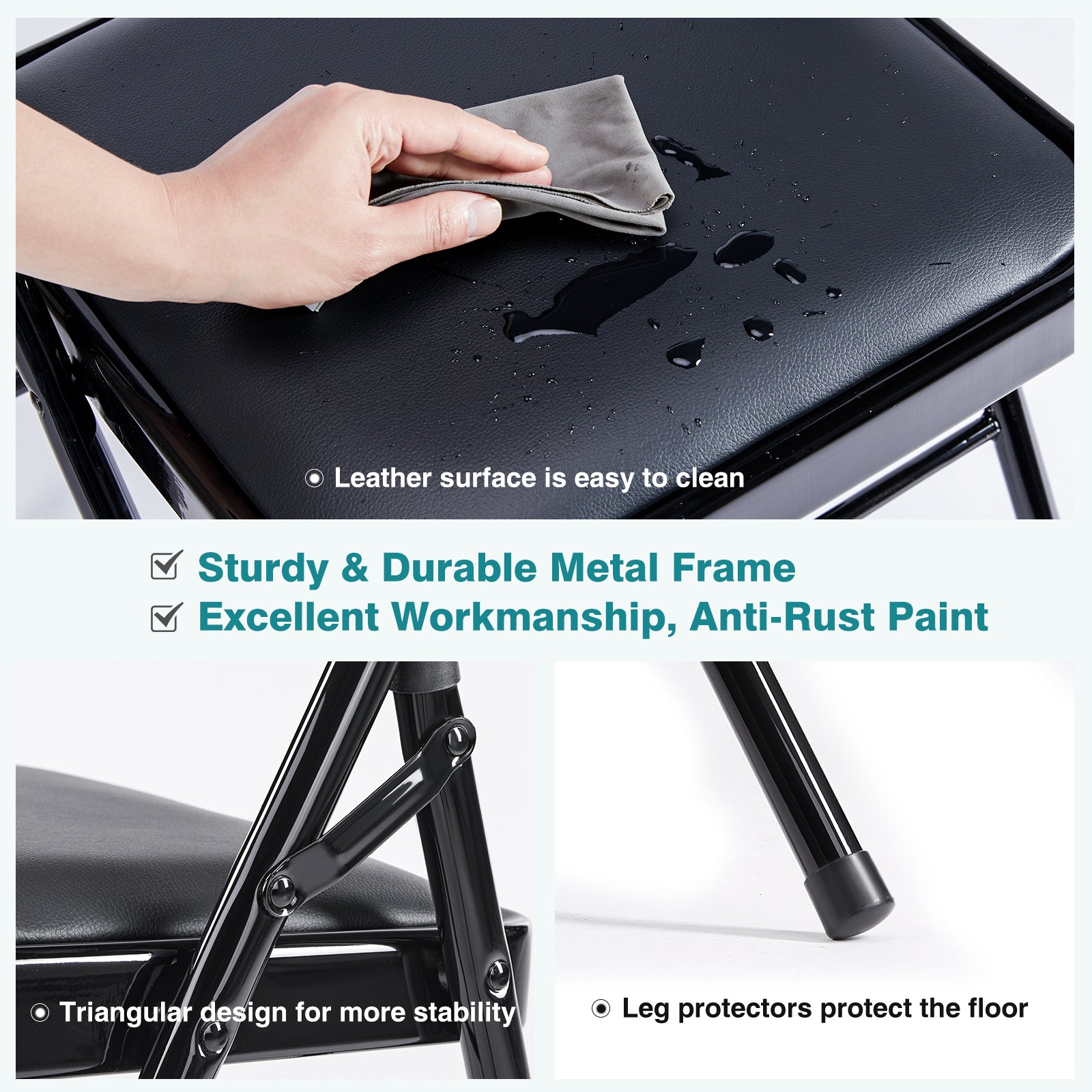 Folding Chair, Leather Padded Folding Chairs, Easy to Use and Store, Outdoor and Indoor, for Home, Office, Party, Comfy, Black