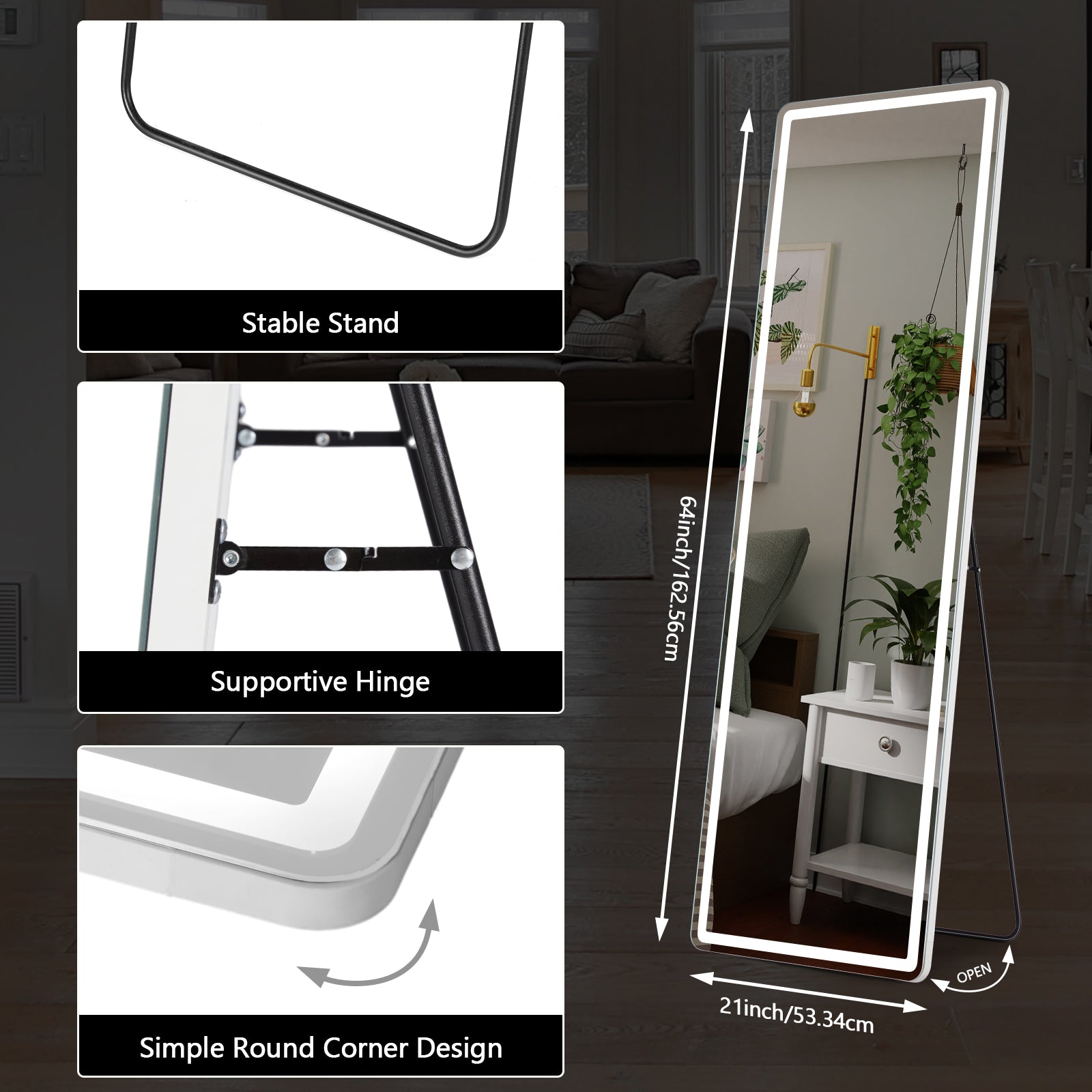 3 Color Lighting Mirror with LED Lights, 64"x21" Lighted Floor Standing Mirror with Stand, Wall Mounted Hanging
