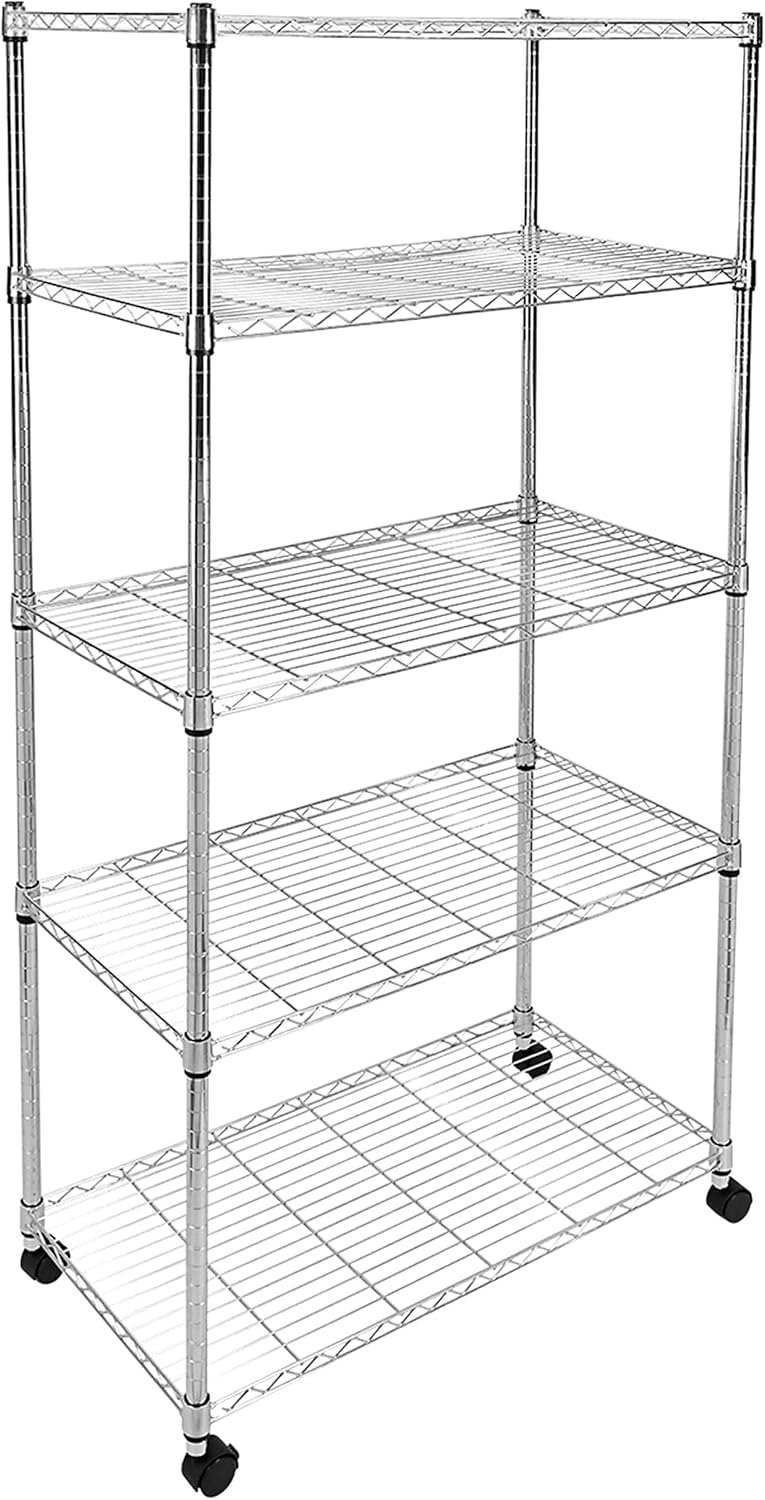 Heavy Duty Storage Shelves, Large Loading Capacity, Adjustable Shelving Unit with Wheels, Chrome