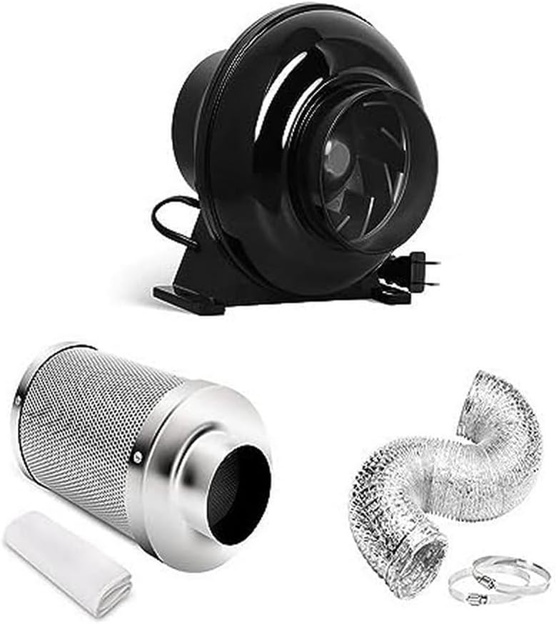 4 Inch 230 CFM Inline Fan Circulation Vent Blower, Air Carbon Filter, 8 Feet Ducting for Grow Tent Ventilation, Black