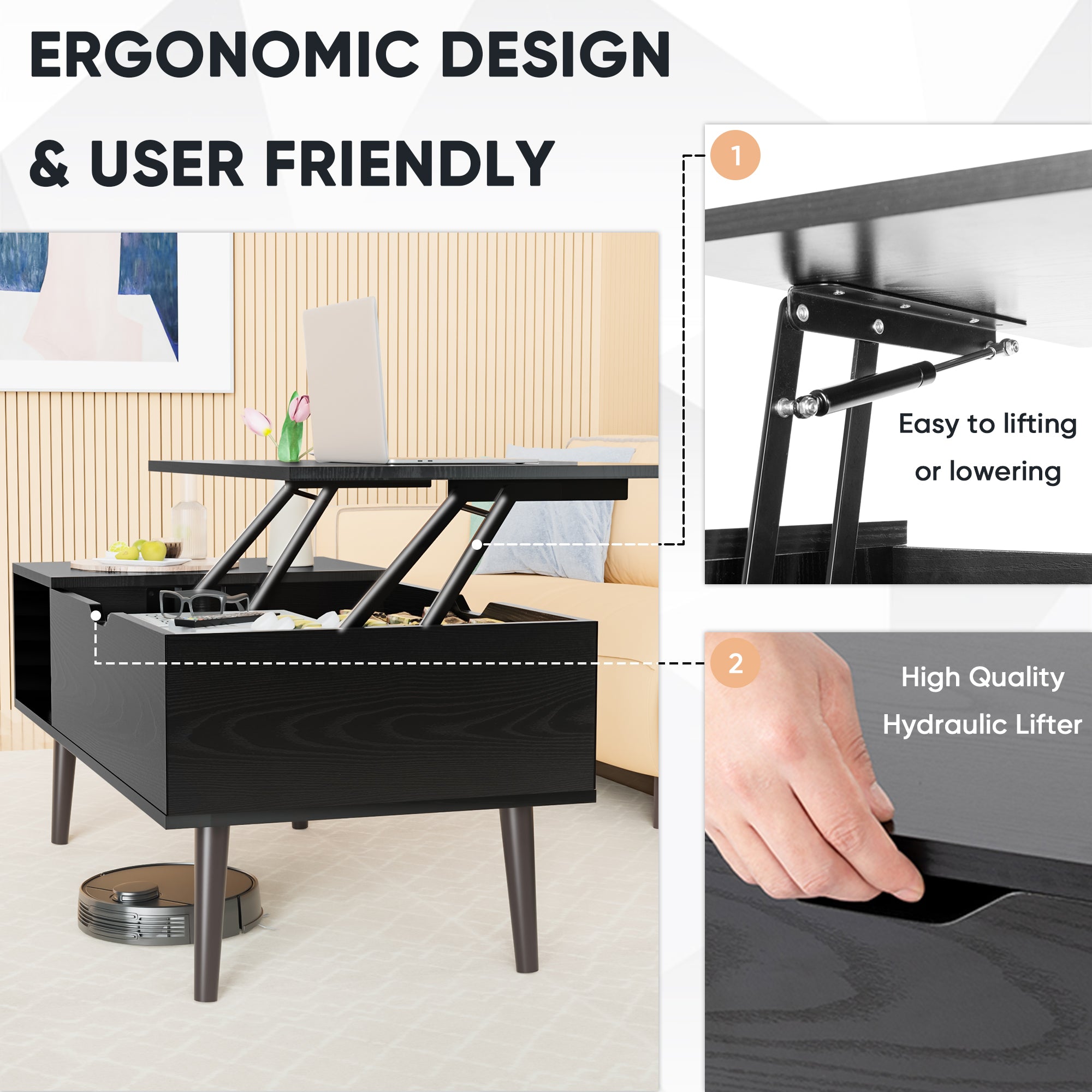 Lift Tabletop Coffee Tables for Living Room with Storage Shelf and Hidden Compartment