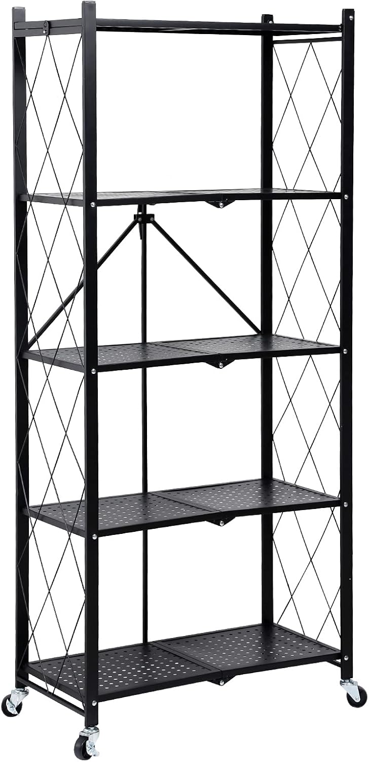 Heavy Duty Foldable Metal Rack Storage Shelving Unit with Wheels Moving Easily Organizer Shelves Great for Garage Kitchen, Black