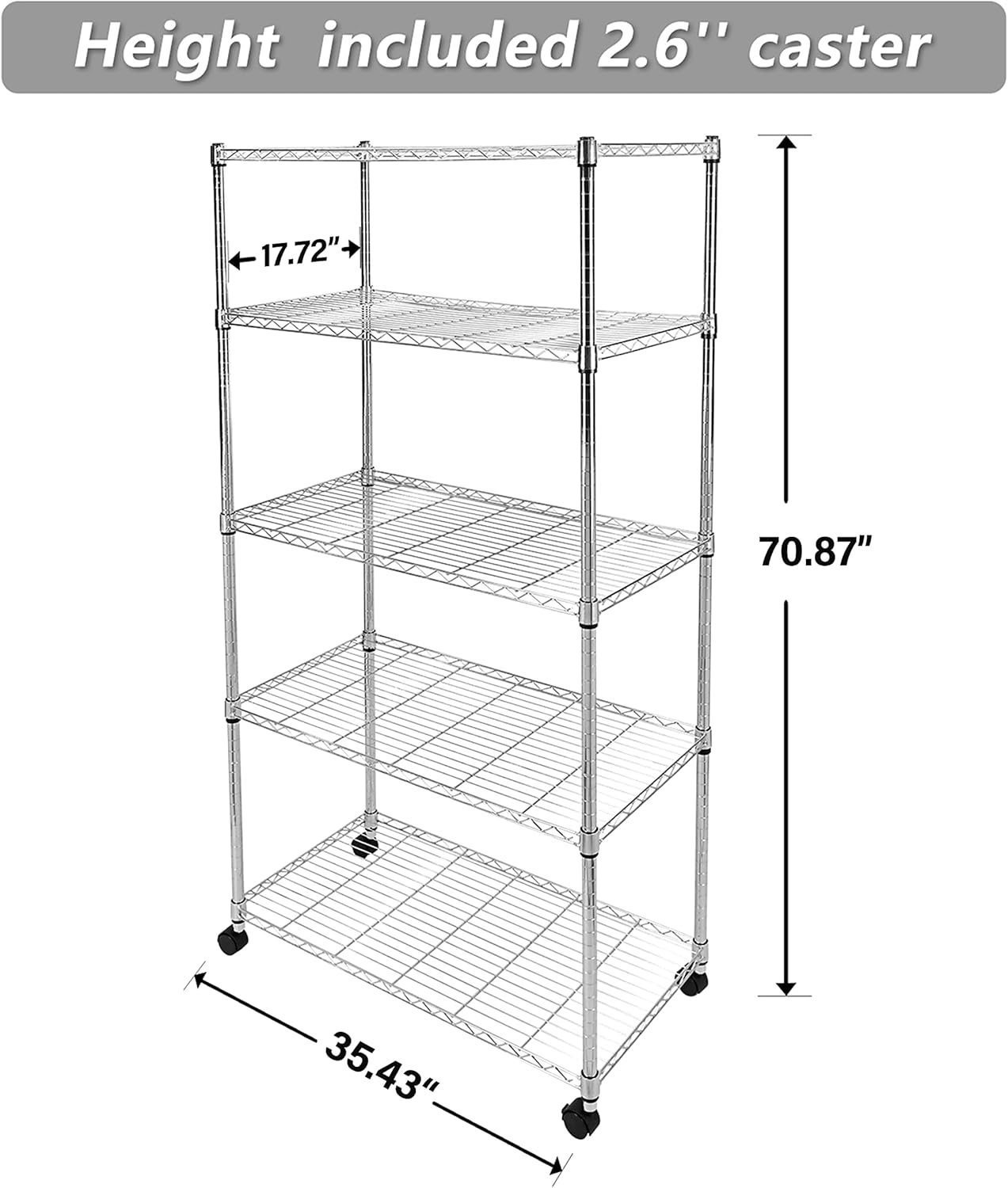 Heavy Duty Storage Shelves, Large Loading Capacity, Adjustable Shelving Unit with Wheels, Chrome