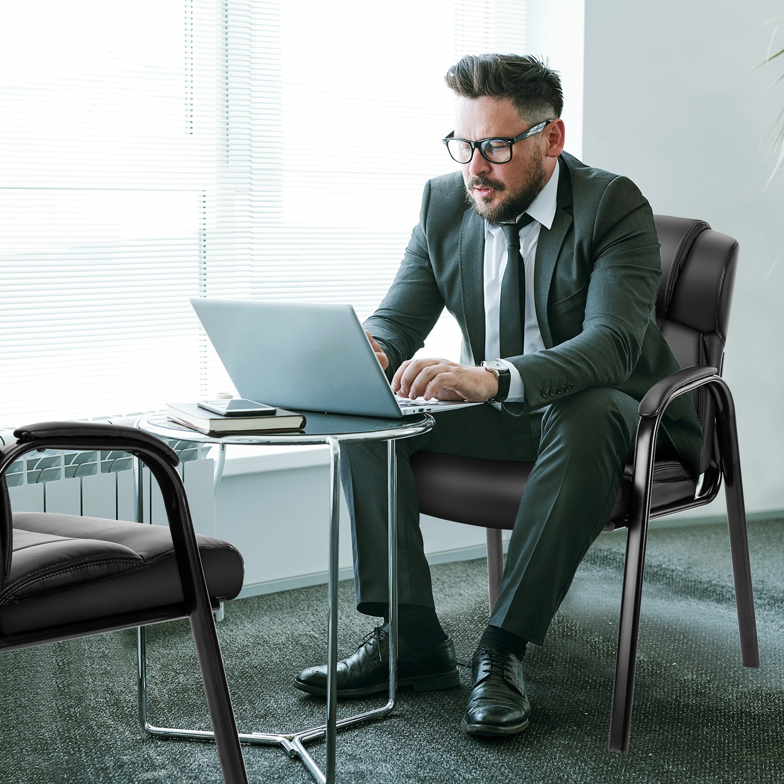 PU Leather Conference Room Reception Chairs with Padded Arms,No Wheels Executive Office Chair