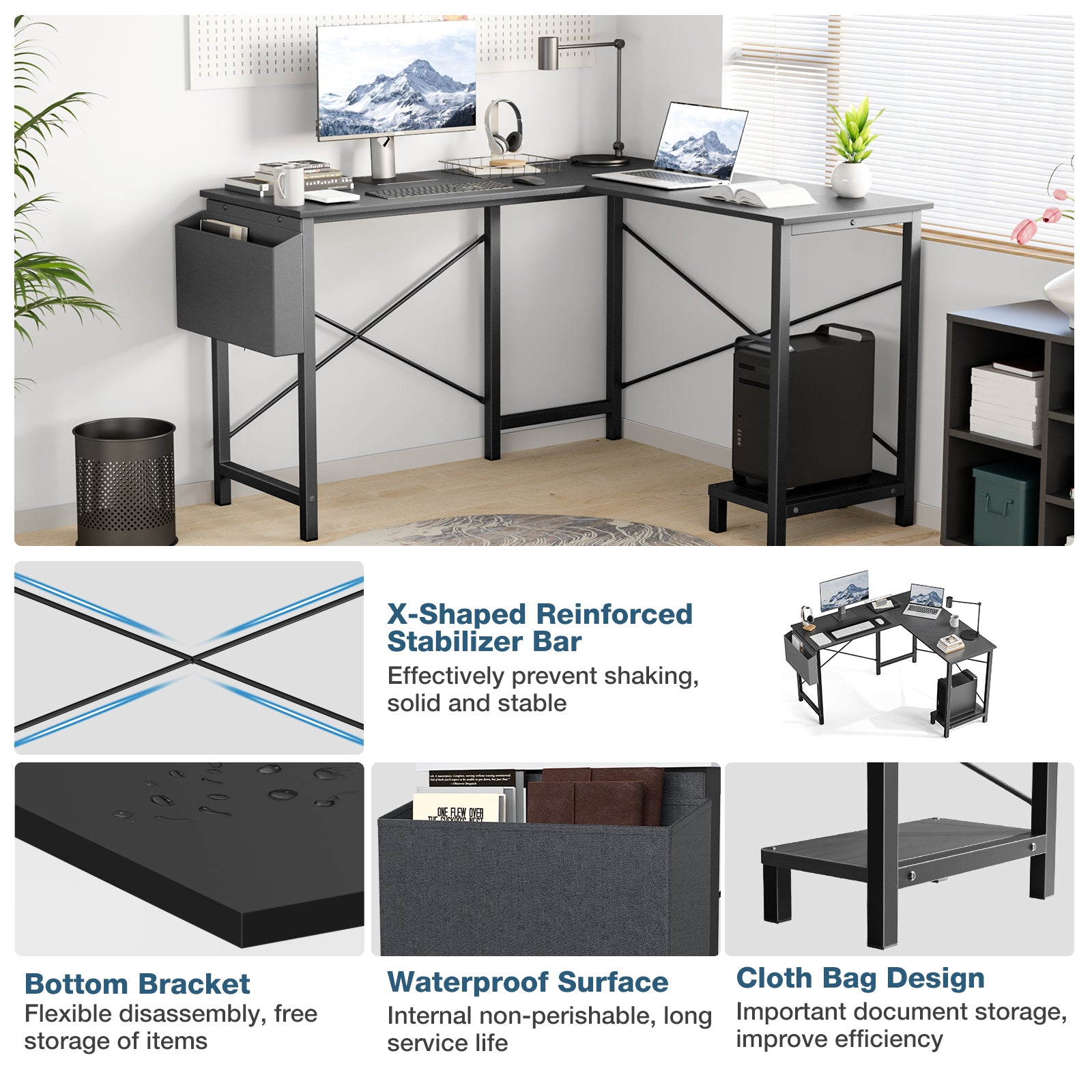 L Shaped Computer Desk - Gaming Corner 50 Inch Office Writing PC Wooden Table with CPU Storage Shelf & Side Bag