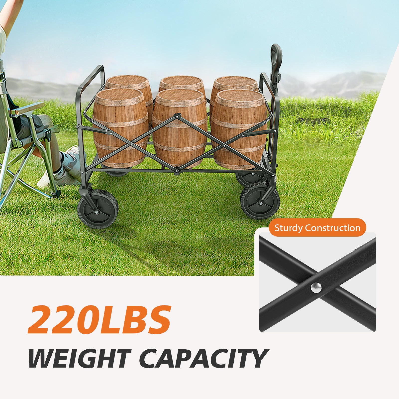 Collapsible Folding Wagon Cart, Camping & Shopping, Heavy Duty Utility Wagon with All-Terrain Wheels