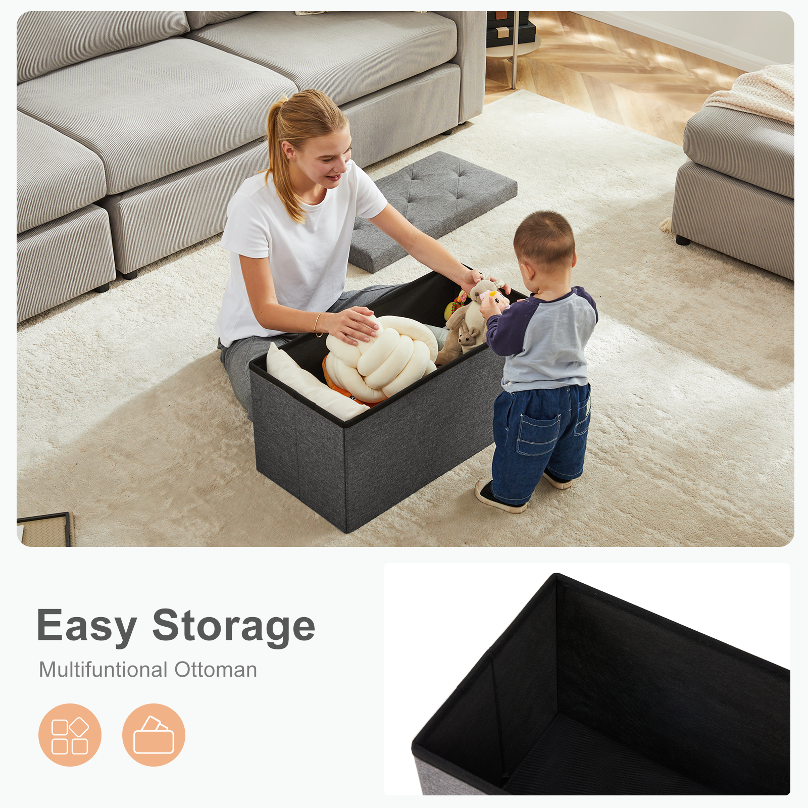 Storage Ottoman with Thicker Foam Padded Seat, Folding Foot Rest for Living Room End of Bed Bench
