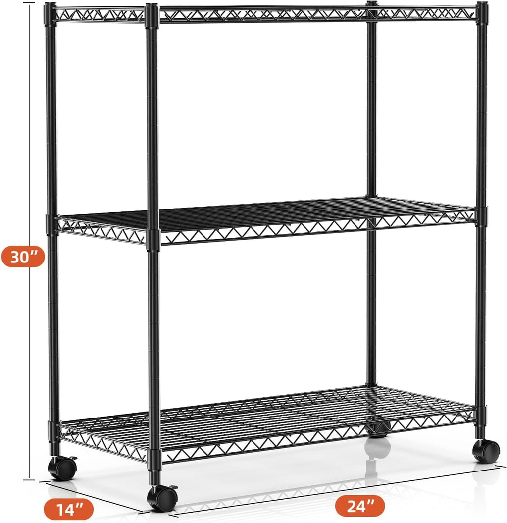 Heavy Duty 3-Tier Storage Shelves 750Lb Capacity, 24.02" D x 13.78" W x 29.92" H Shelving Unit for Pantry, Garage, Laundry and Kitchen, Black, 2 Pack