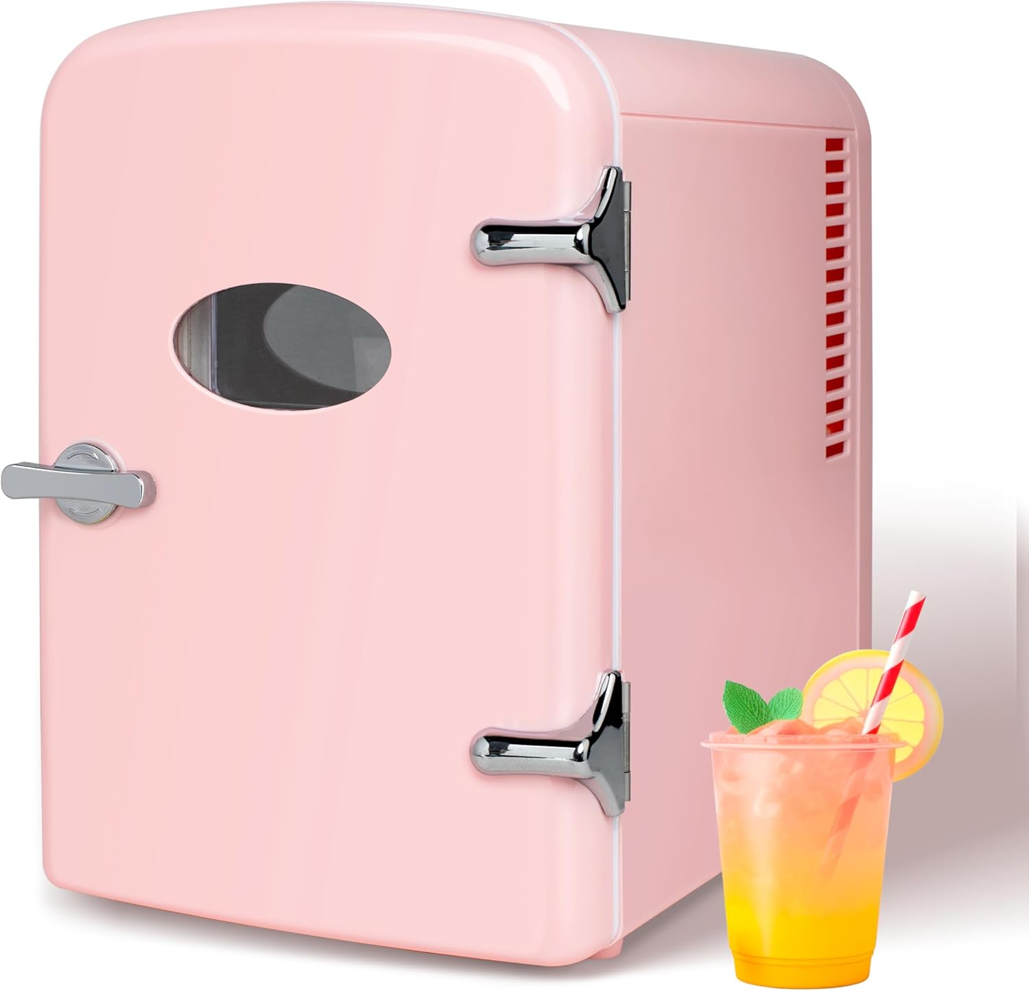 YSSOA Mini Fridge Personal Beauty Refrigerator, Freon-Free, Includes Plugs for Home Outlet & DC Charger, Dorm Room, 6 Can, 4L with Window, Pink
