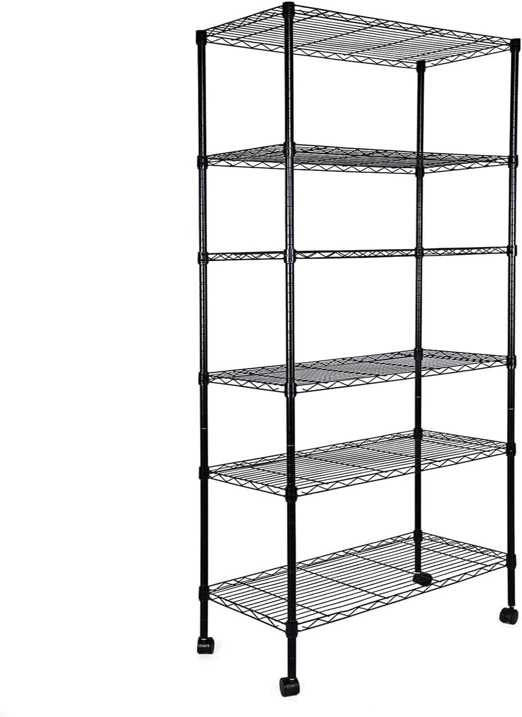 Heavy Duty 6-Shelf Shelving, 29.92'' D x 13.98'' W x 71.65'' H Adjustable Wire Shelving with Hanging Hooks and Wheels, Black