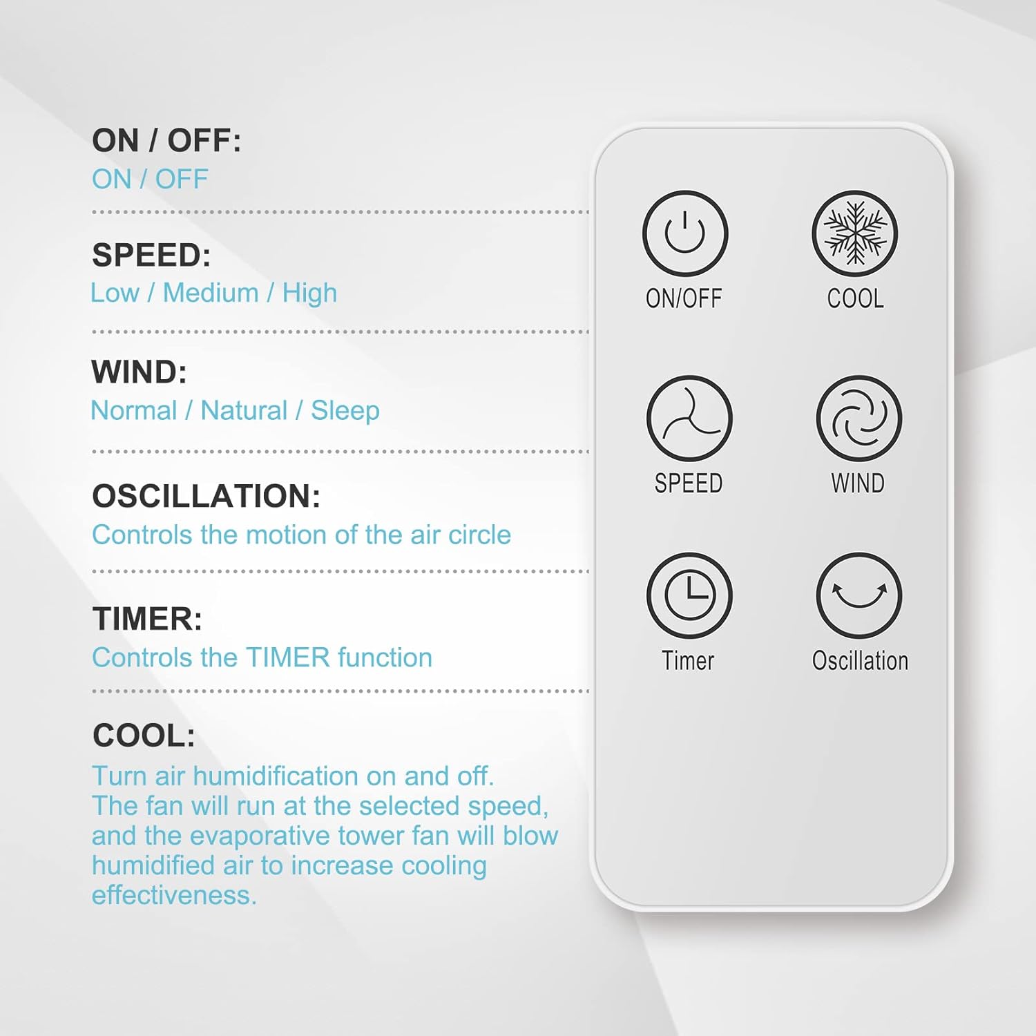 43-Inch Electric Oscillating Tower Fan with Remote Control and Mist Function, 12 Speeds, 3 Modes, 15H Timer for Indoor, Bedroom and Home Office, White