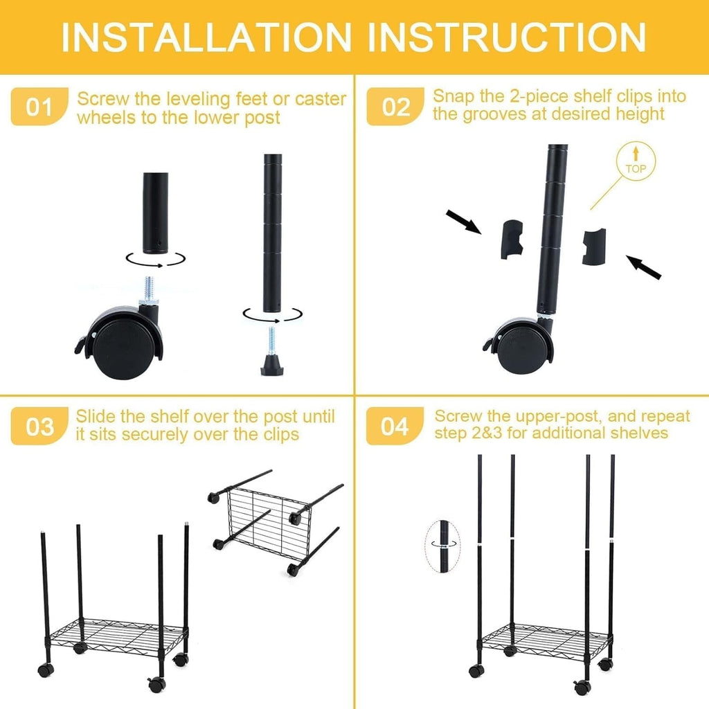 Heavy Duty 6-Shelf Shelving, 29.92'' D x 13.98'' W x 71.65'' H Adjustable Wire Shelving with Hanging Hooks and Wheels, Black