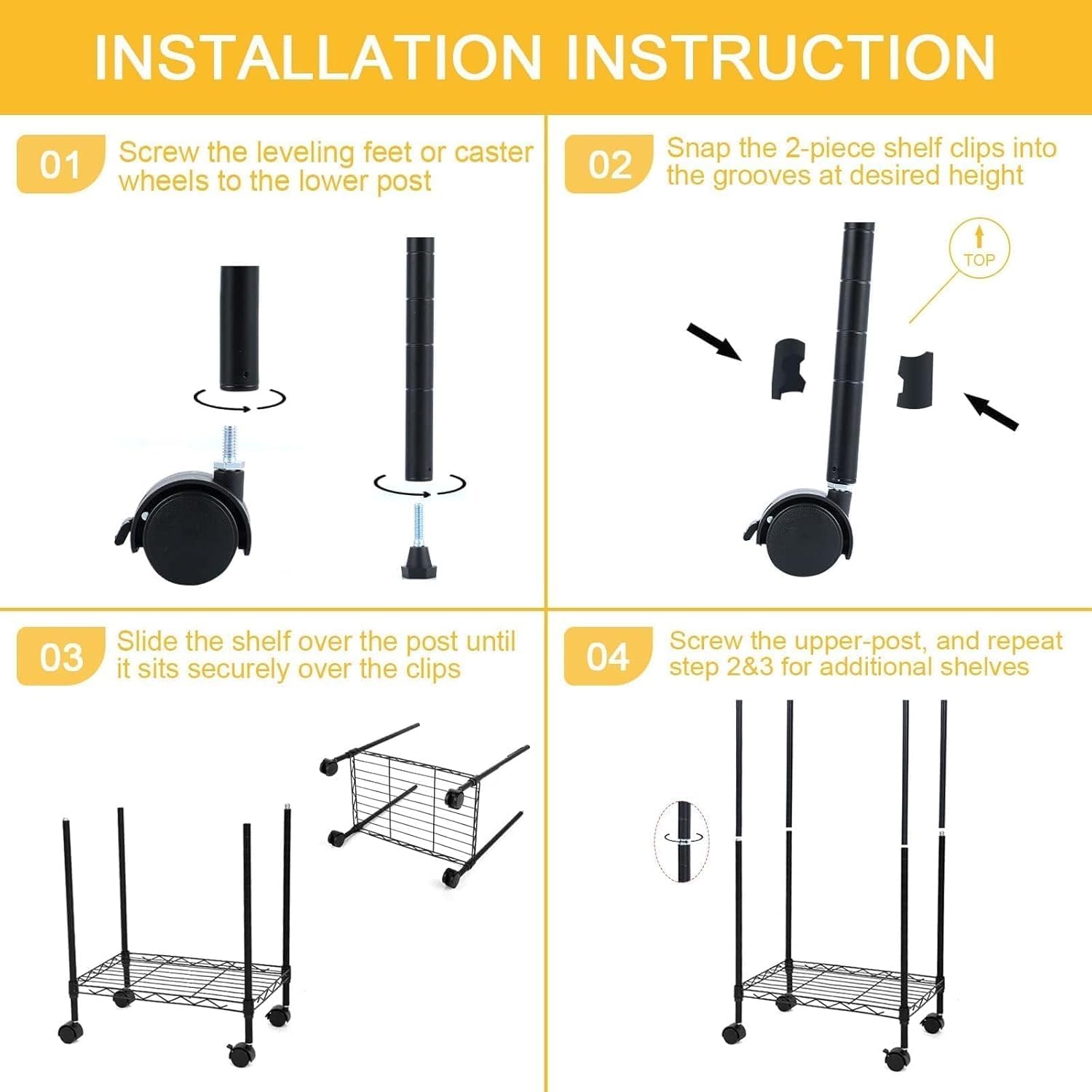 Heavy Duty 6-Shelf Shelving, 29.92'' D x 13.98'' W x 71.65'' H Adjustable Wire Shelving with Hanging Hooks and Wheels, Black