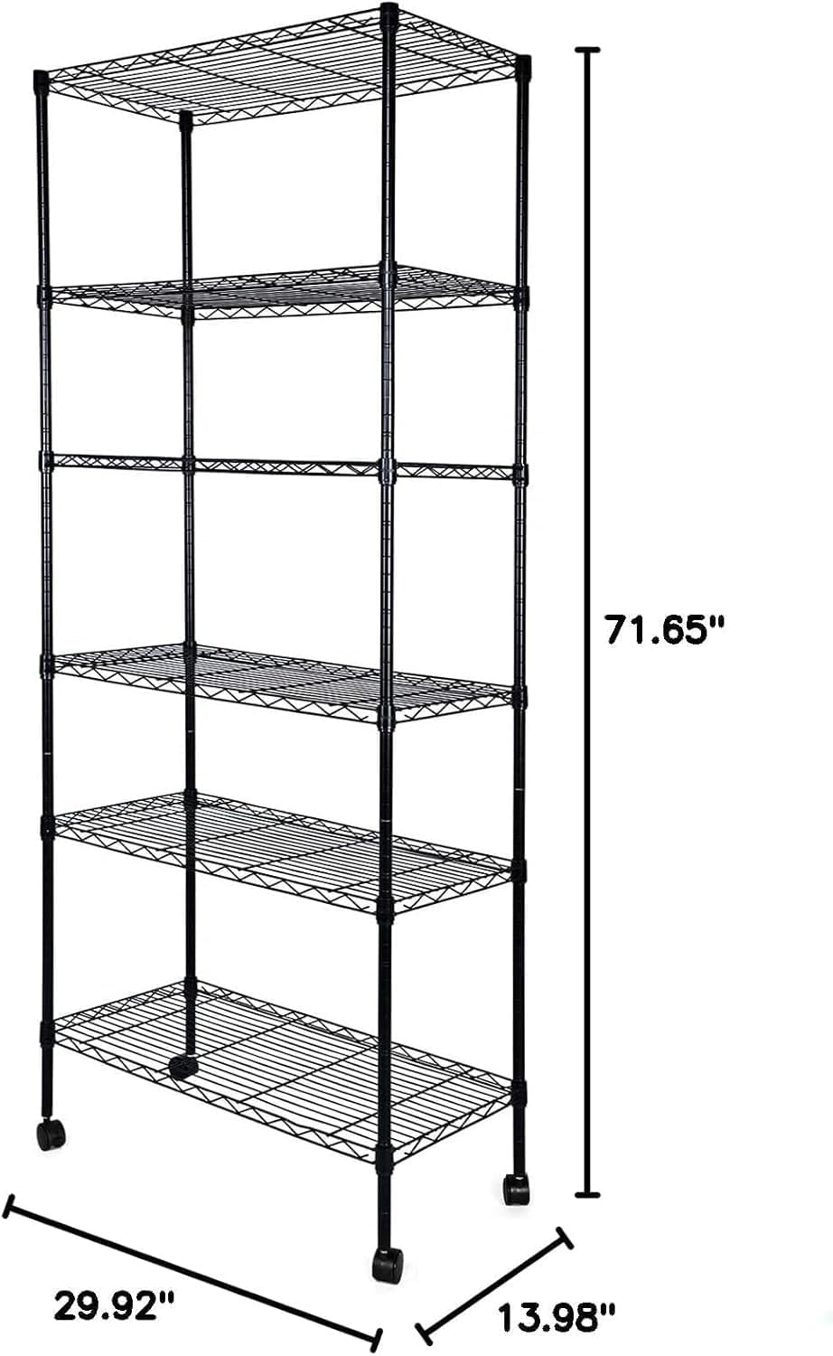 Heavy Duty 6-Shelf Shelving, 29.92'' D x 13.98'' W x 71.65'' H Adjustable Wire Shelving with Hanging Hooks and Wheels, Black