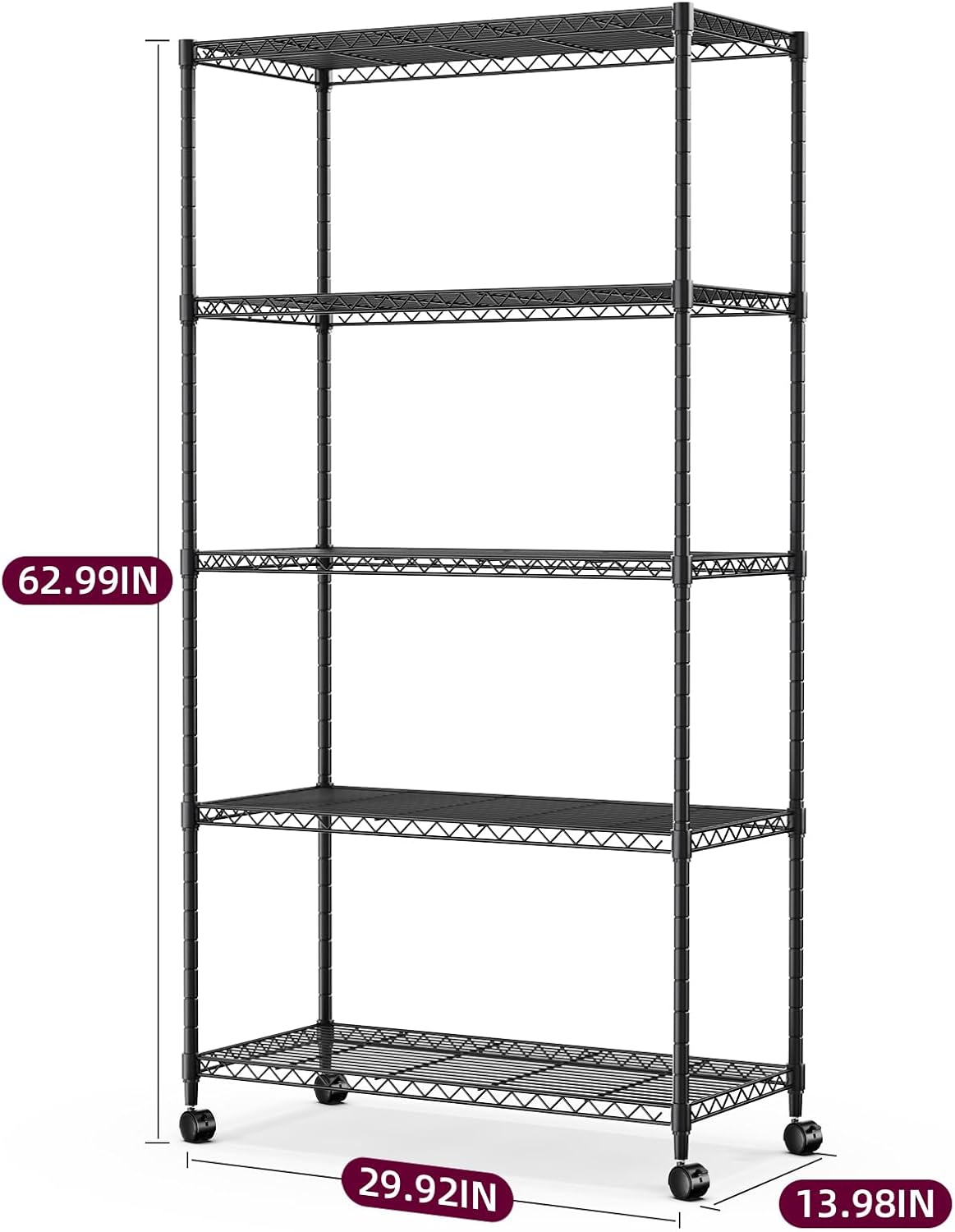 Heavy Duty 5-Shelf Storage Shelving Unit, 1250lbs Loading Capacity, 29.92" D x 13.98" W x 62.99" H Adjustable Steel Organizer Wire Rack, Black