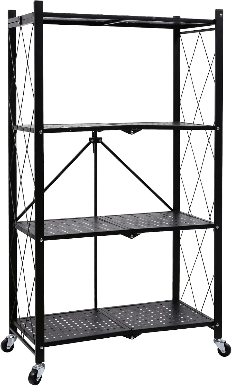 Heavy Duty Foldable Metal Rack Storage Shelving Unit with Wheels Moving Easily Organizer Shelves Great for Garage Kitchen, Black