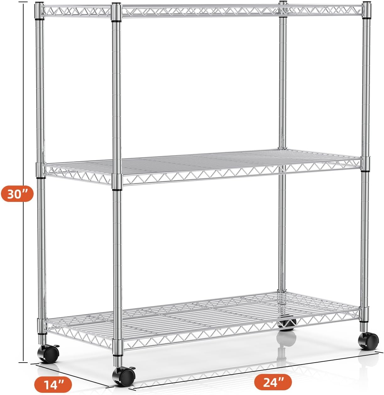3-Tier Heavy Duty Storage Shelves 750Lb Capacity, 24.02" D x 13.78" W x 29.92" H Adjustable Shelving Unit with Wheels, Chrome
