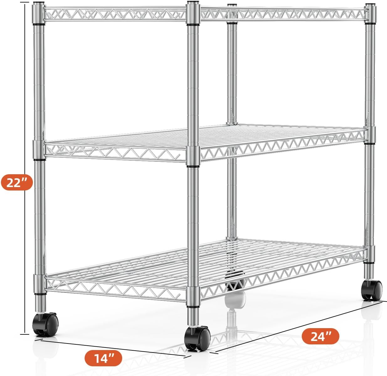 3-Tier Heavy Duty Storage Shelves 750Lb Capacity, 24.02" D x 13.78" W x 21.97" H Shelving Unit for Pantry, Garage, Laundry and Kitchen, Chrome
