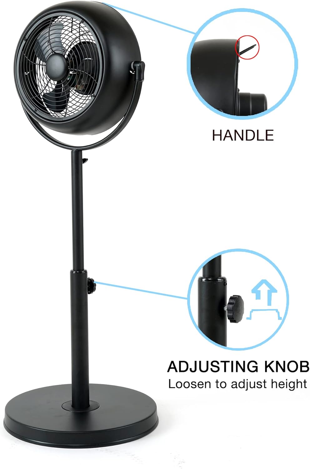 Industrial Retro Pedestal Fan, 360° Rotatable Stand Fan, 3 Speed Adjustable, Adjustable Height Pedestal Stand Fan