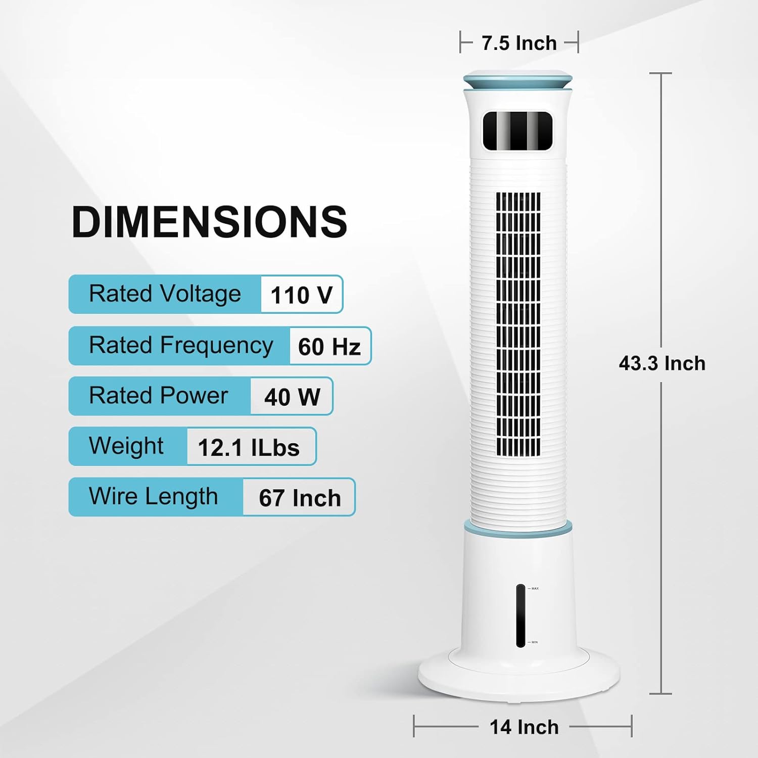 43-Inch Electric Oscillating Tower Fan with Remote Control and Mist Function, 12 Speeds, 3 Modes, 15H Timer for Indoor, Bedroom and Home Office, White
